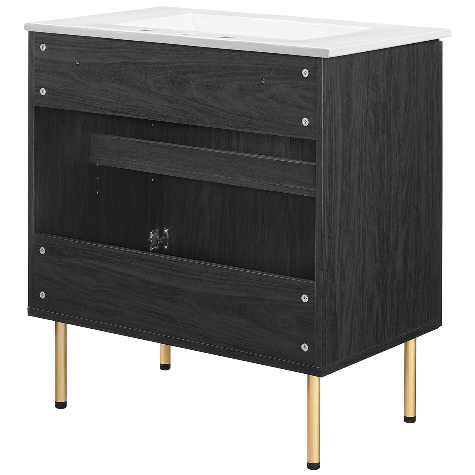 Back panel with generous service opening simplifies plumbing access || EEI-6695-BLK-WHI || back_angle_studio