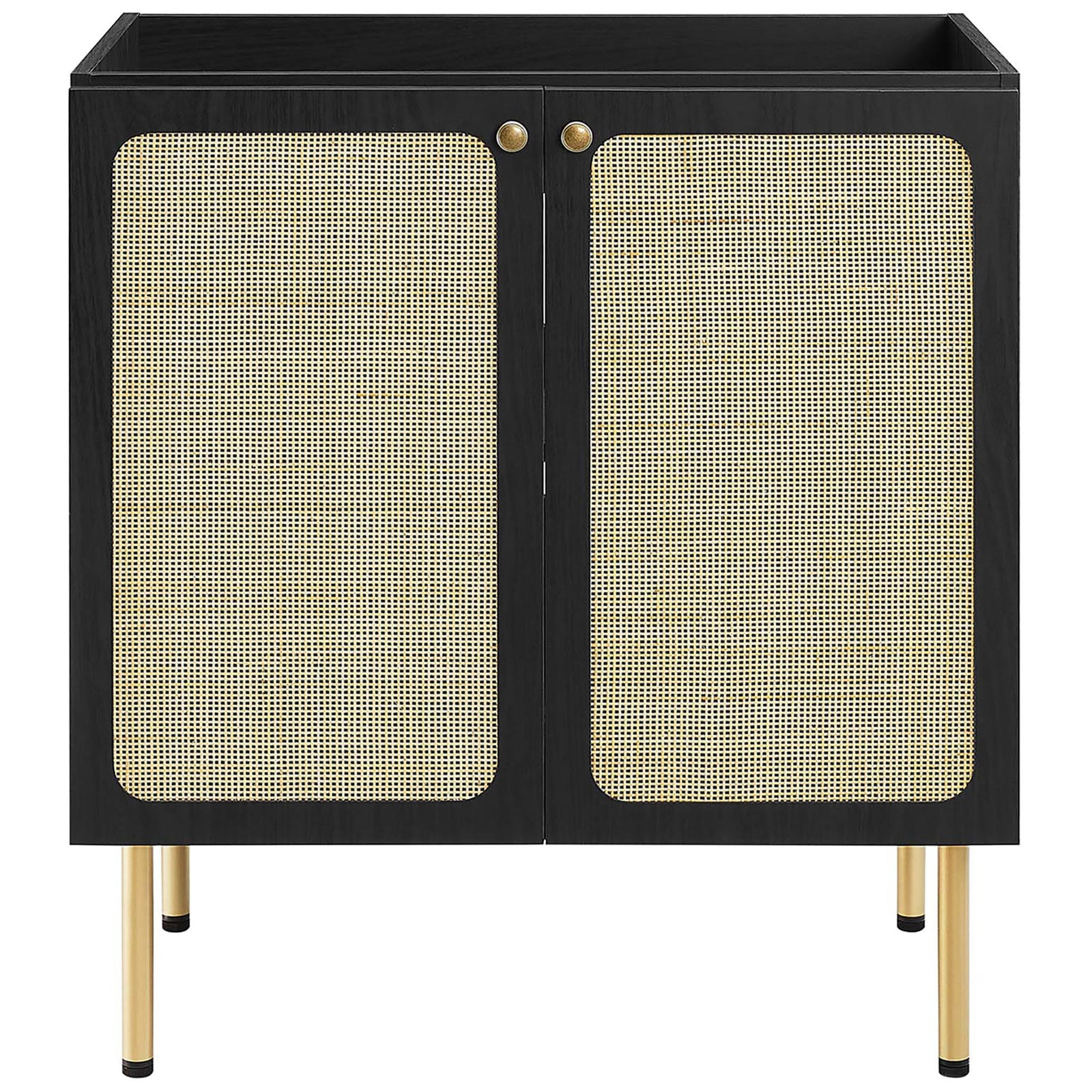 Wide dual-door cabinet in black with brass knobs for a timeless look || EEI-6695-BLK-WHI || front_partial_studio