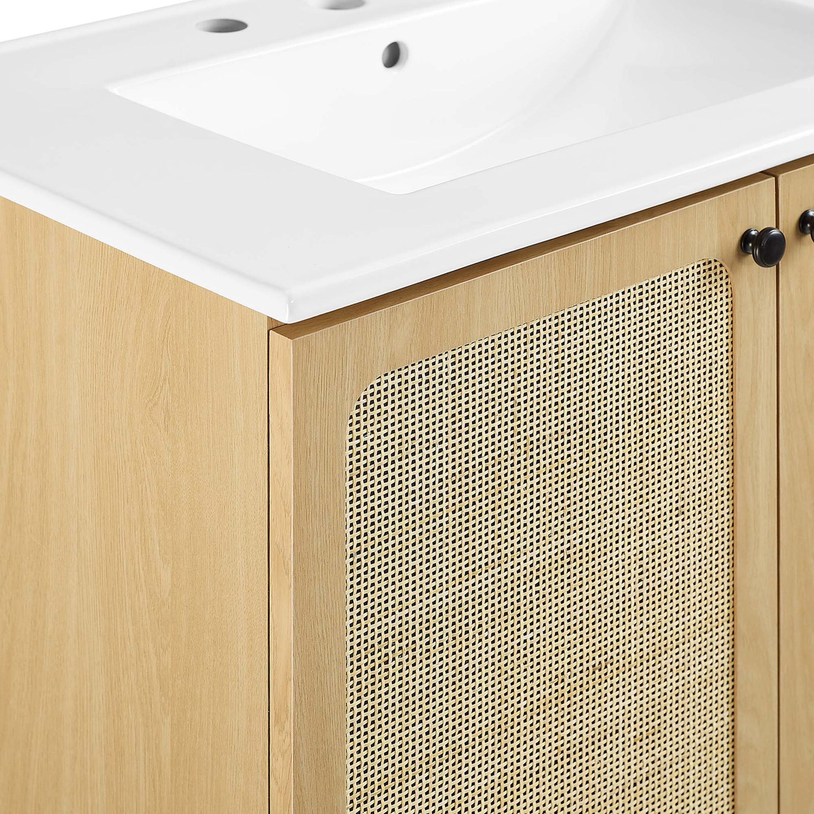 Crisp ceramic edge complements warm oak grain and woven rattan texture || EEI-6695-OAK-WHI || detail_studio
