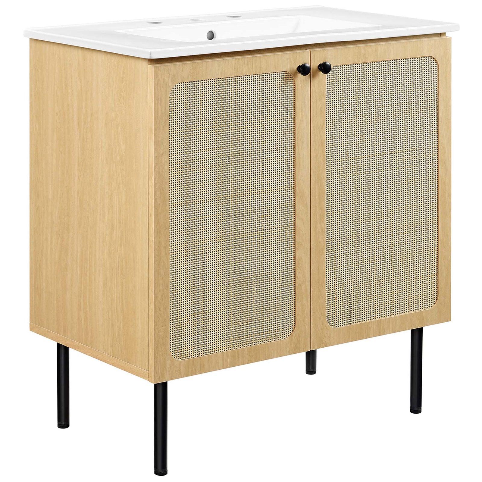 Breezy oak vanity with rattan doors, round black knobs, and integrated ceramic sink || EEI-6695-OAK-WHI || front_angle_studio