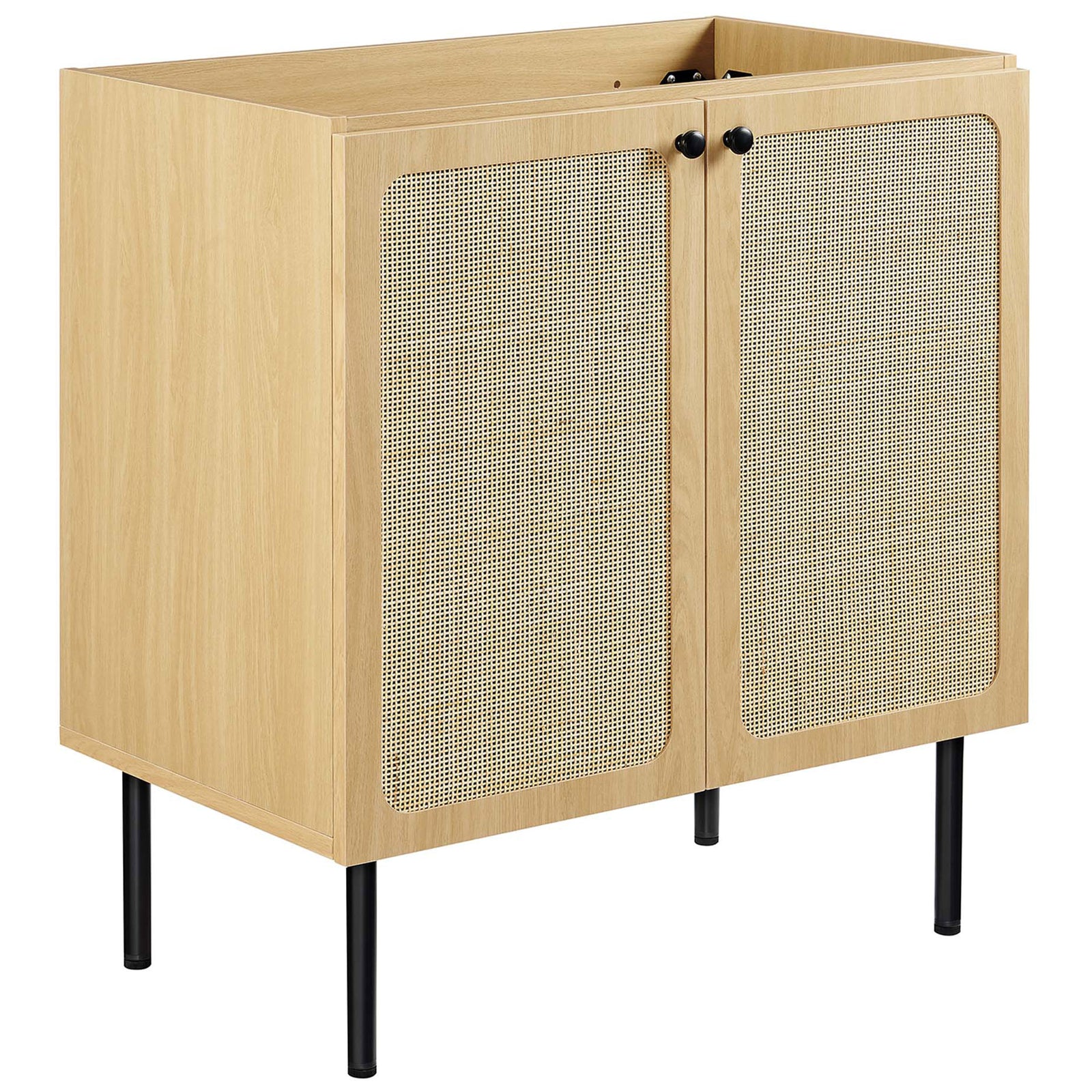 Oak cabinet highlights airy rattan door panels and clean, modern lines || EEI-6695-OAK-WHI || front_angle_partial_studio