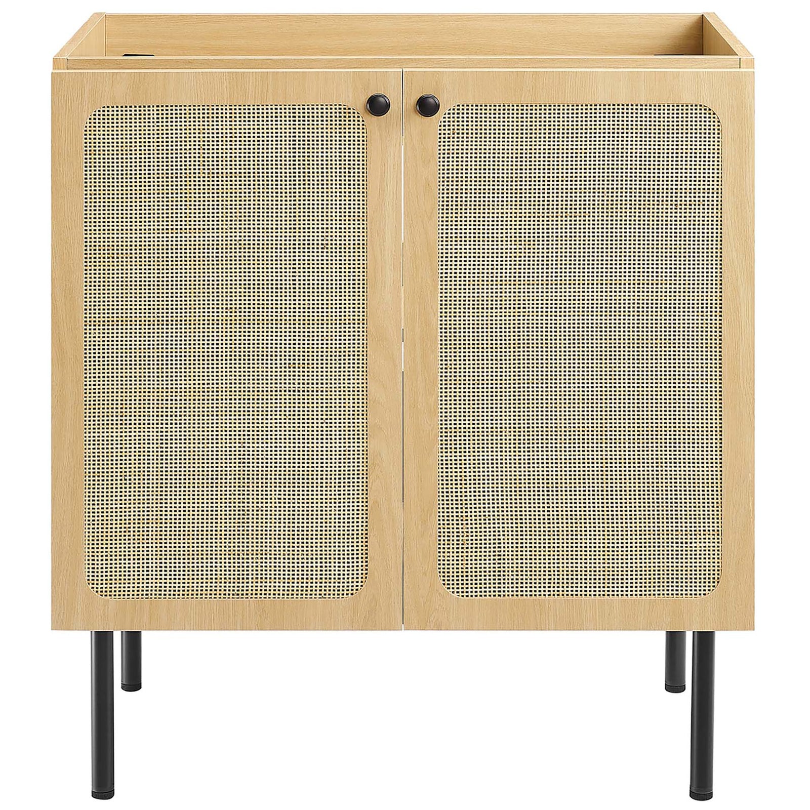 30 inch oak vanity cabinet with woven rattan doors, black knobs, and slim metal legs || EEI-6695-OAK-WHI || front_partial_studio