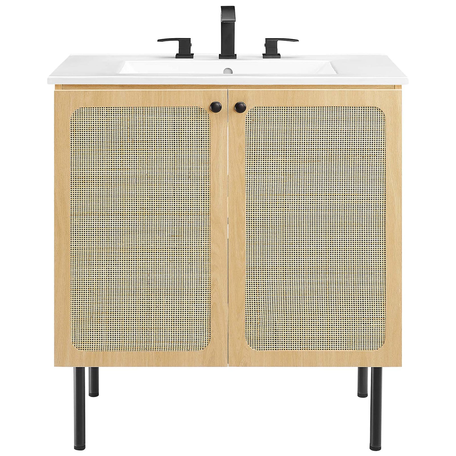 30 inch oak vanity pairs rattan doors with a crisp ceramic sink for breezy, modern style || EEI-6695-OAK-WHI || front_studio