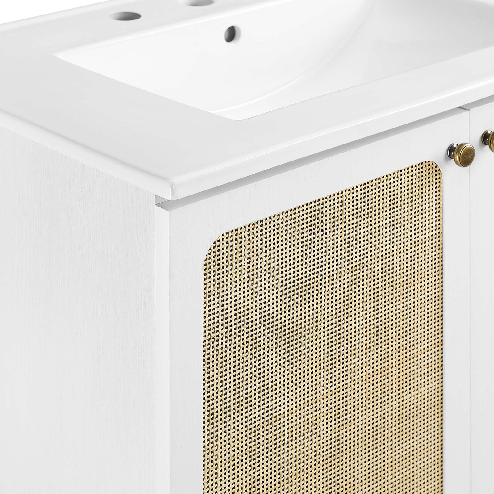 Crisp countertop edge pairs with woven door texture and round knob || EEI-6695-WHI-WHI || detail_studio