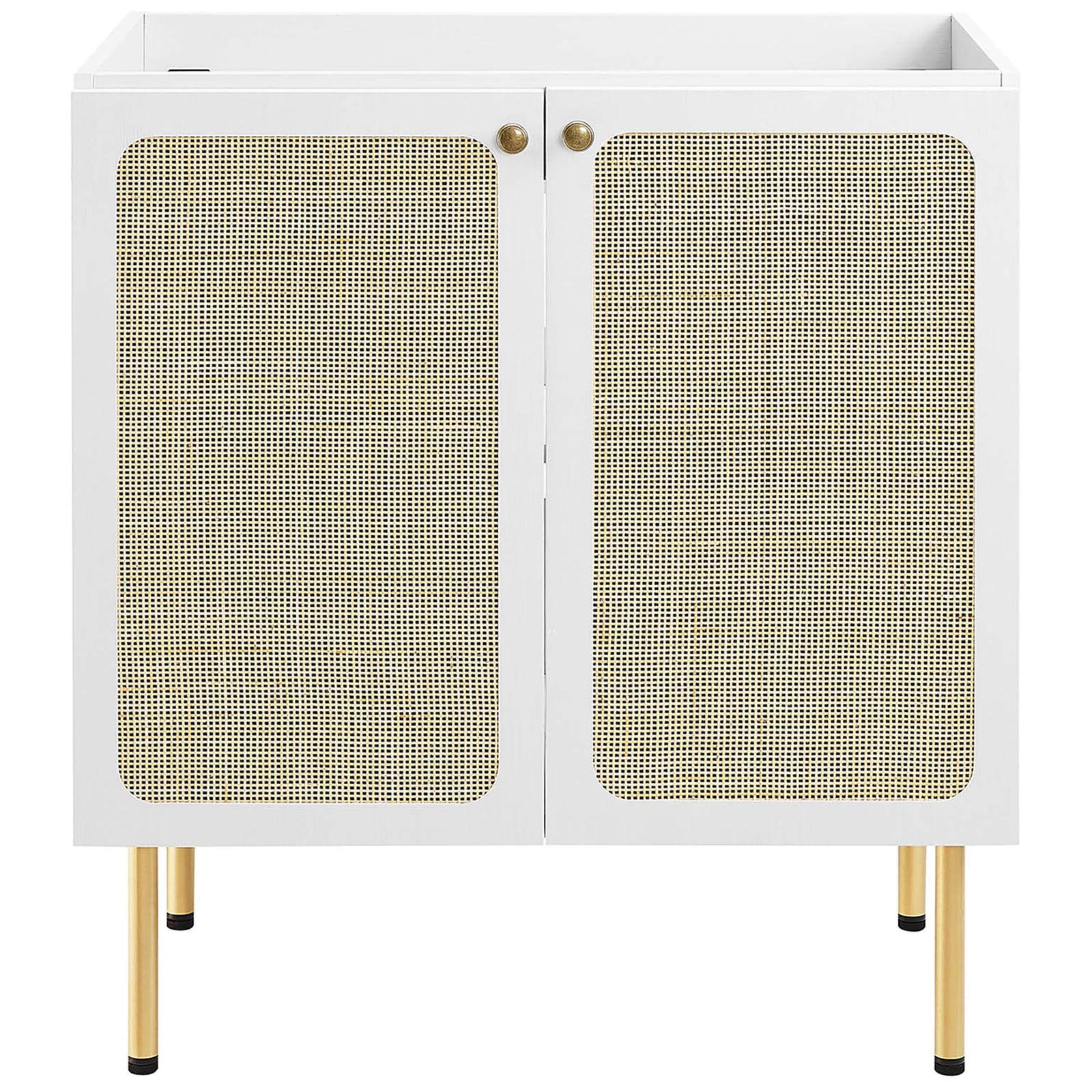 White vanity cabinet features rattan-weave doors and brass knobs on tall legs || EEI-6695-WHI-WHI || front_partial_studio