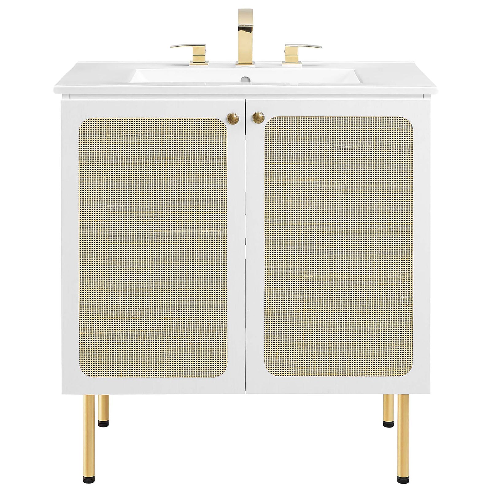 White 30-inch vanity with rattan-weave doors, brass-tone legs, and integrated ceramic sink || EEI-6695-WHI-WHI || front_studio