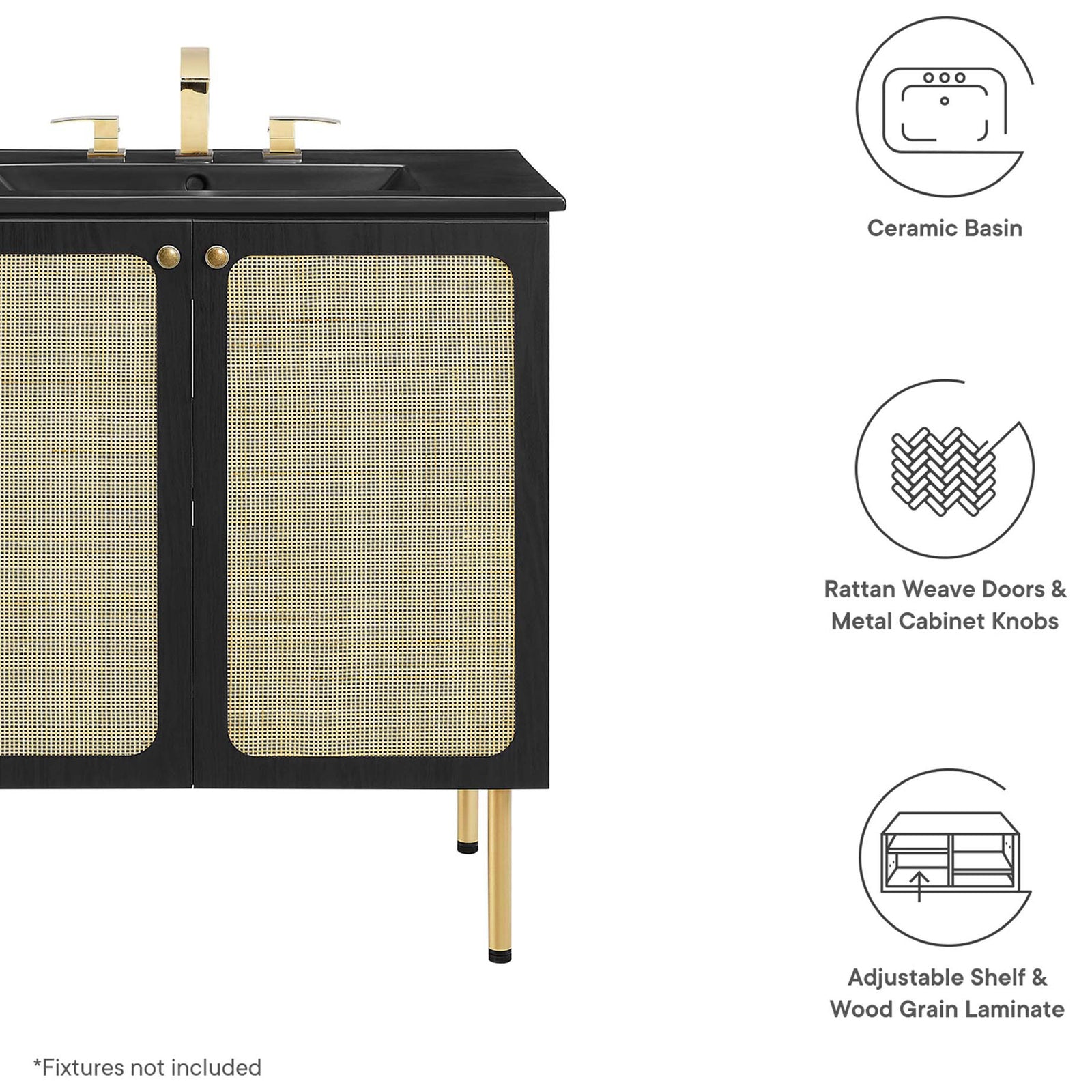 Quality cabinet with ceramic sink, cane doors, and metal knobs || EEI-6696-BLK-BLK || callout_studio