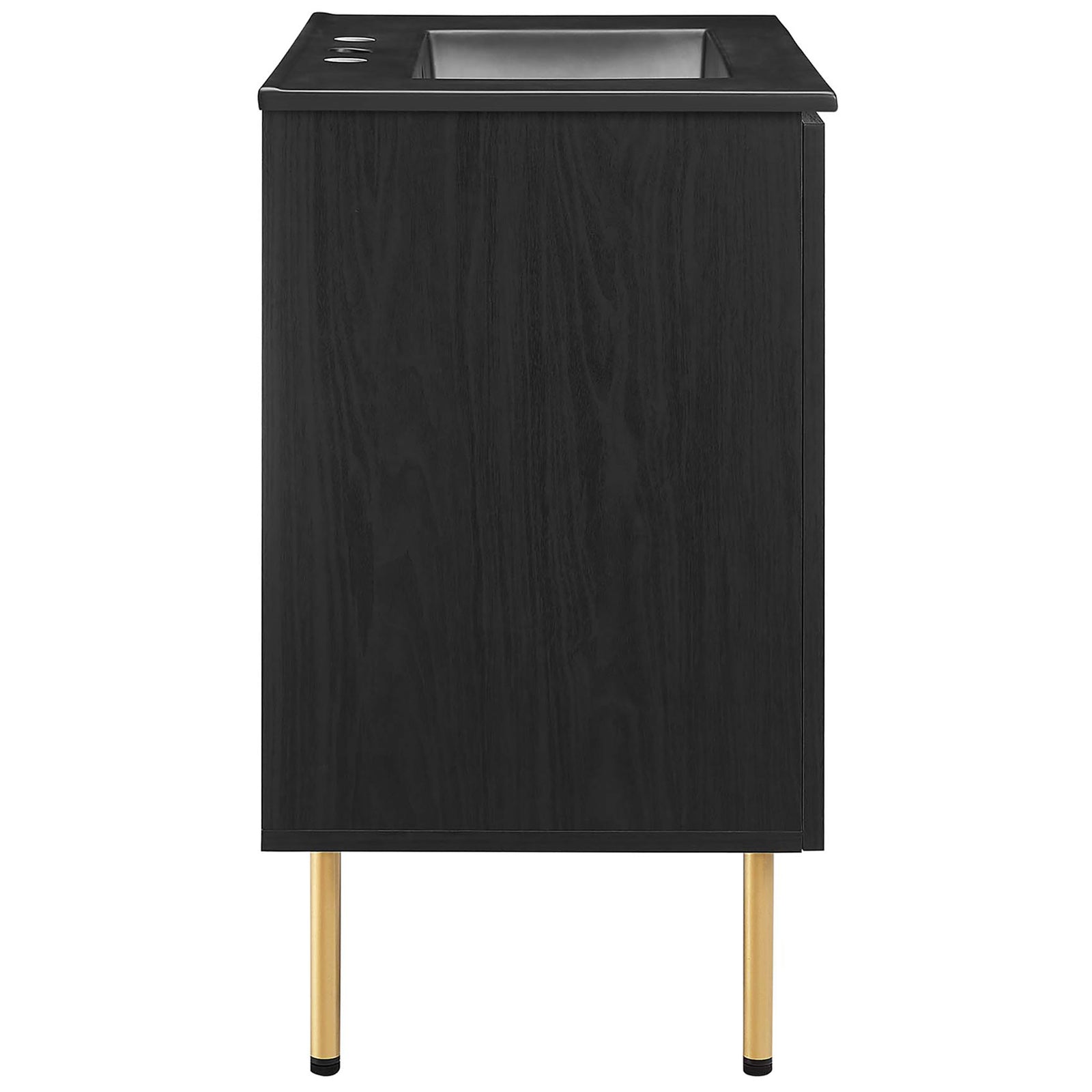 Refined cabinet profile with gold-tone legs and a matte black countertop basin || EEI-6696-BLK-BLK || side_studio