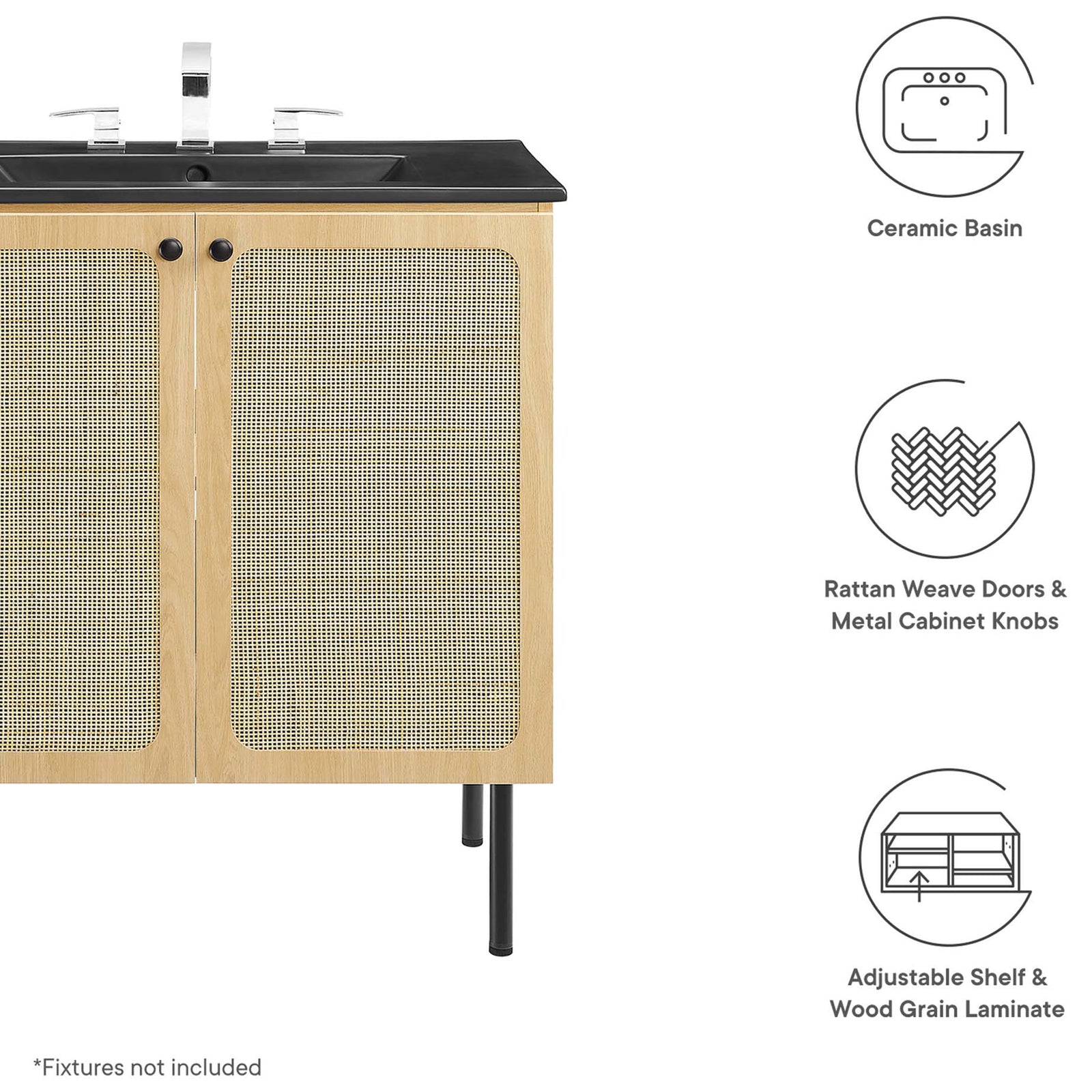 Key features at a glance: ceramic basin, rattan doors, and adjustable shelf. || EEI-6696-OAK-BLK || callout_studio