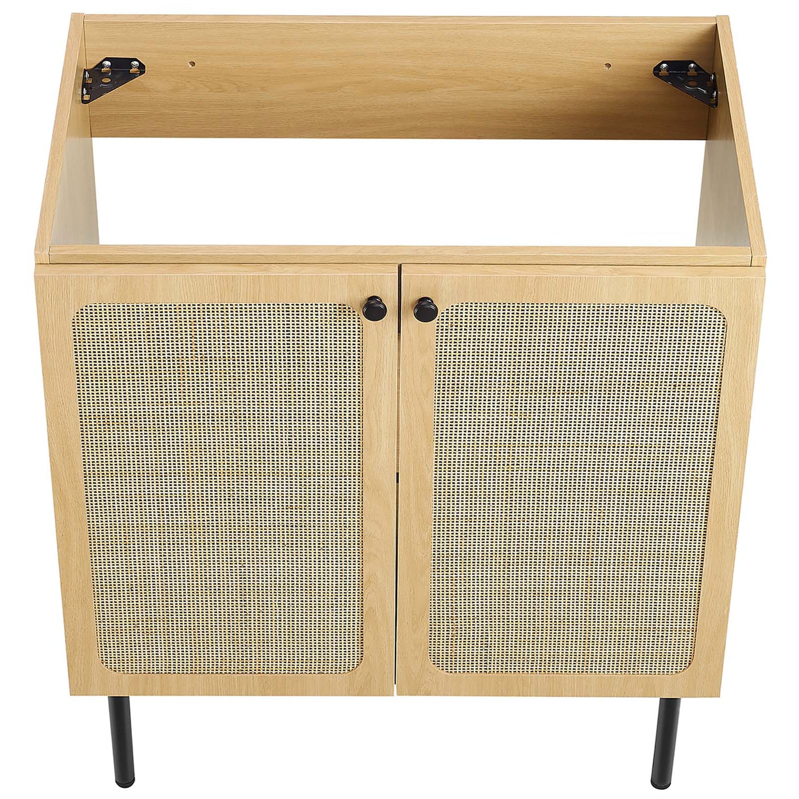 Open cabinet top ready to accept the matching integrated basin. || EEI-6696-OAK-BLK || top_angle_partial_studio