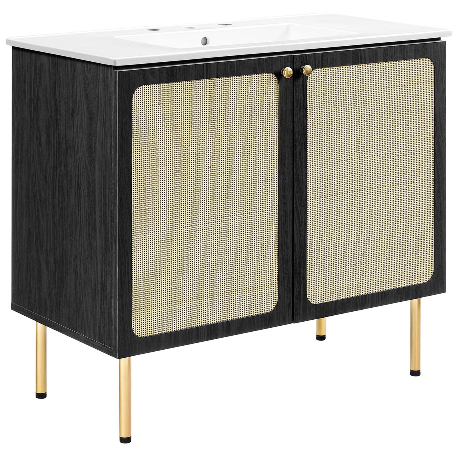 Generous 36 inch vanity merges woven rattan doors with a sleek white ceramic basin || EEI-6697-BLK-WHI || front_angle_studio