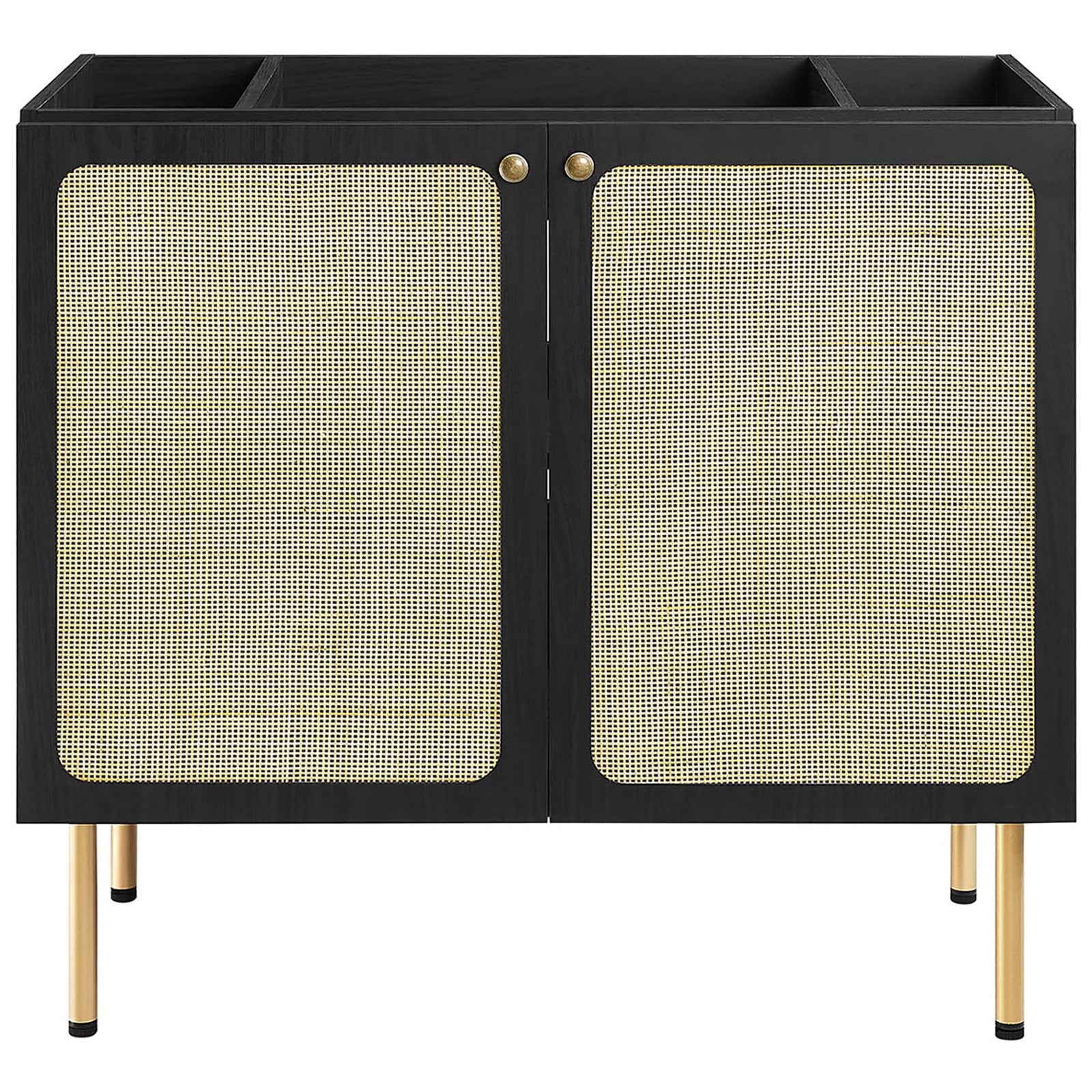 Expansive cabinet with twin rattan doors and classic brass pulls || EEI-6697-BLK-WHI || front_partial_studio
