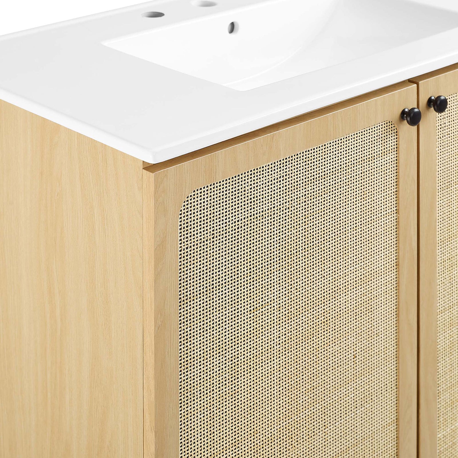 Crisp white ceramic contrasts the warm oak grain and woven rattan texture || EEI-6697-OAK-WHI || detail_studio