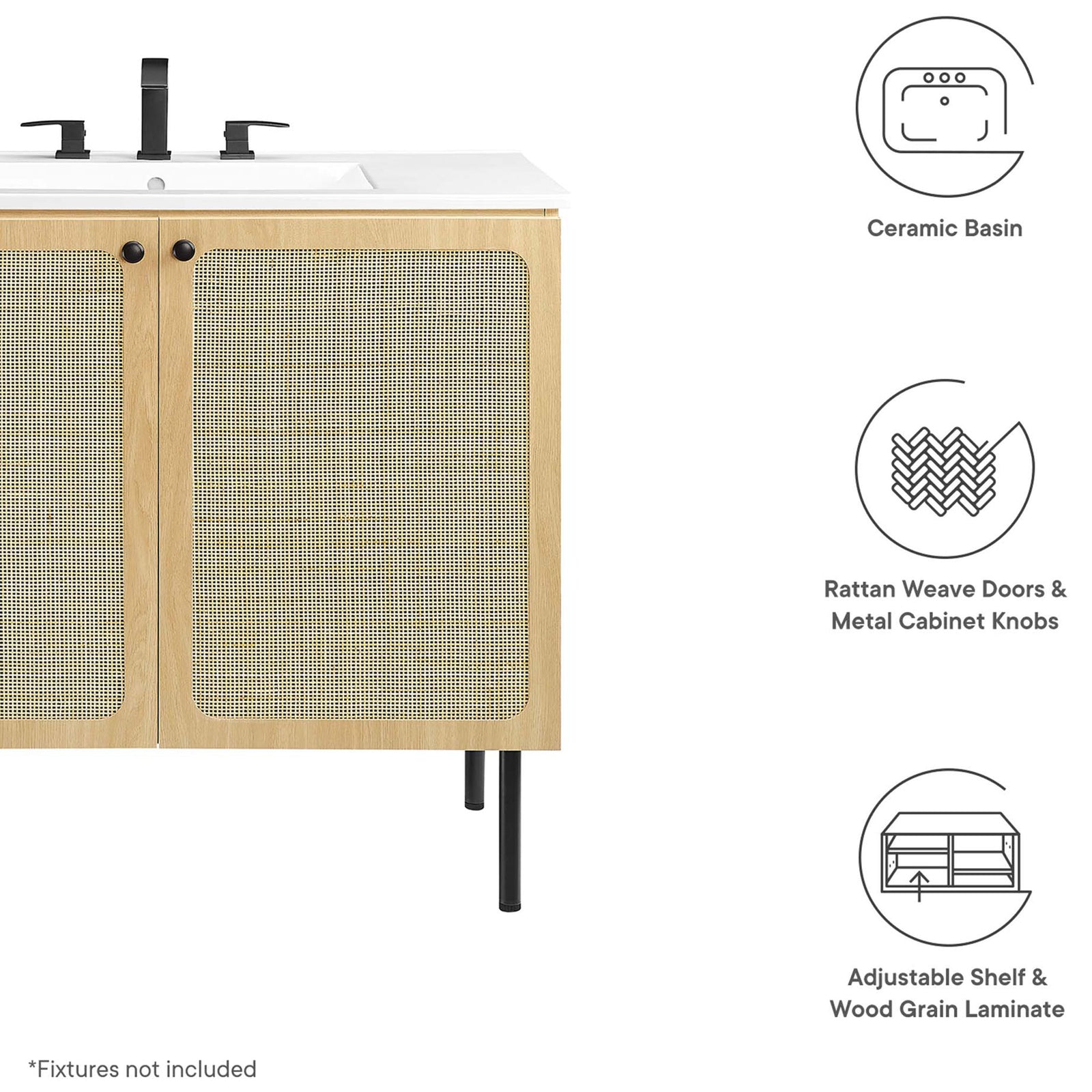 Feature callouts show ceramic basin, rattan doors, and adjustable shelf details || EEI-6697-OAK-WHI || callout_studio