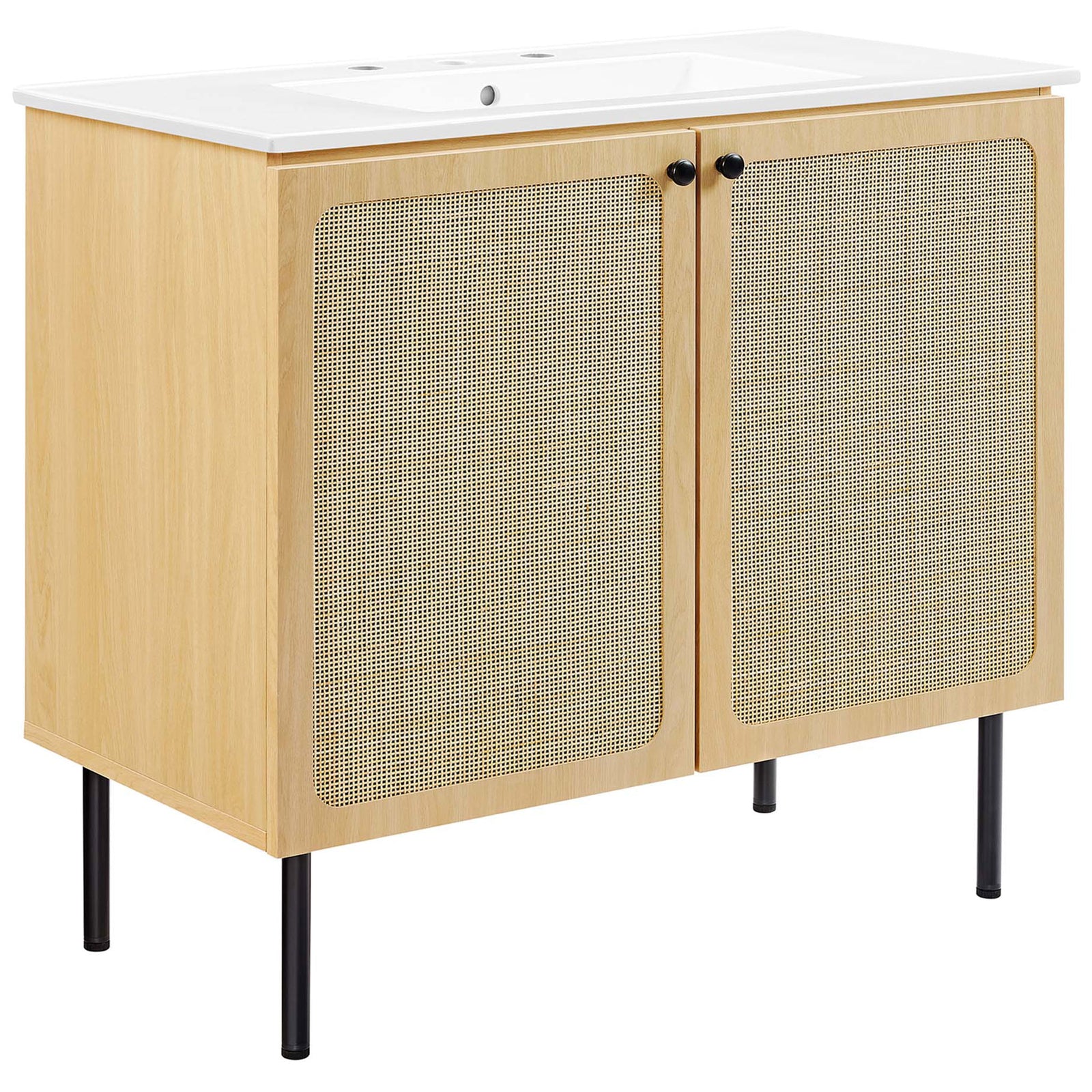 Spacious oak vanity with woven rattan doors, black knobs, and integrated ceramic sink || EEI-6697-OAK-WHI || front_angle_studio