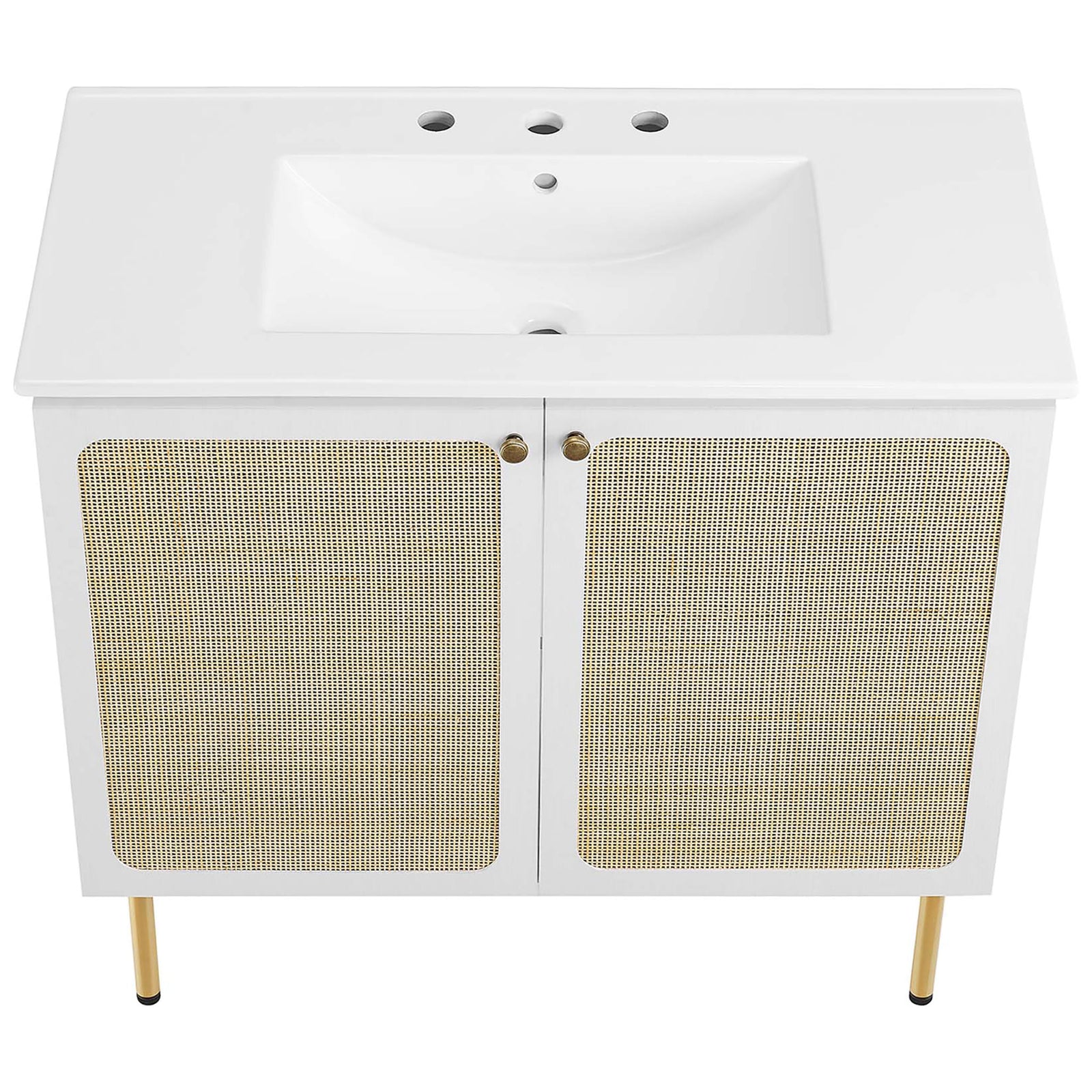 Generous ceramic basin with three-hole widespread deck and smooth counter rim || EEI-6697-WHI-WHI || top_angle_studio