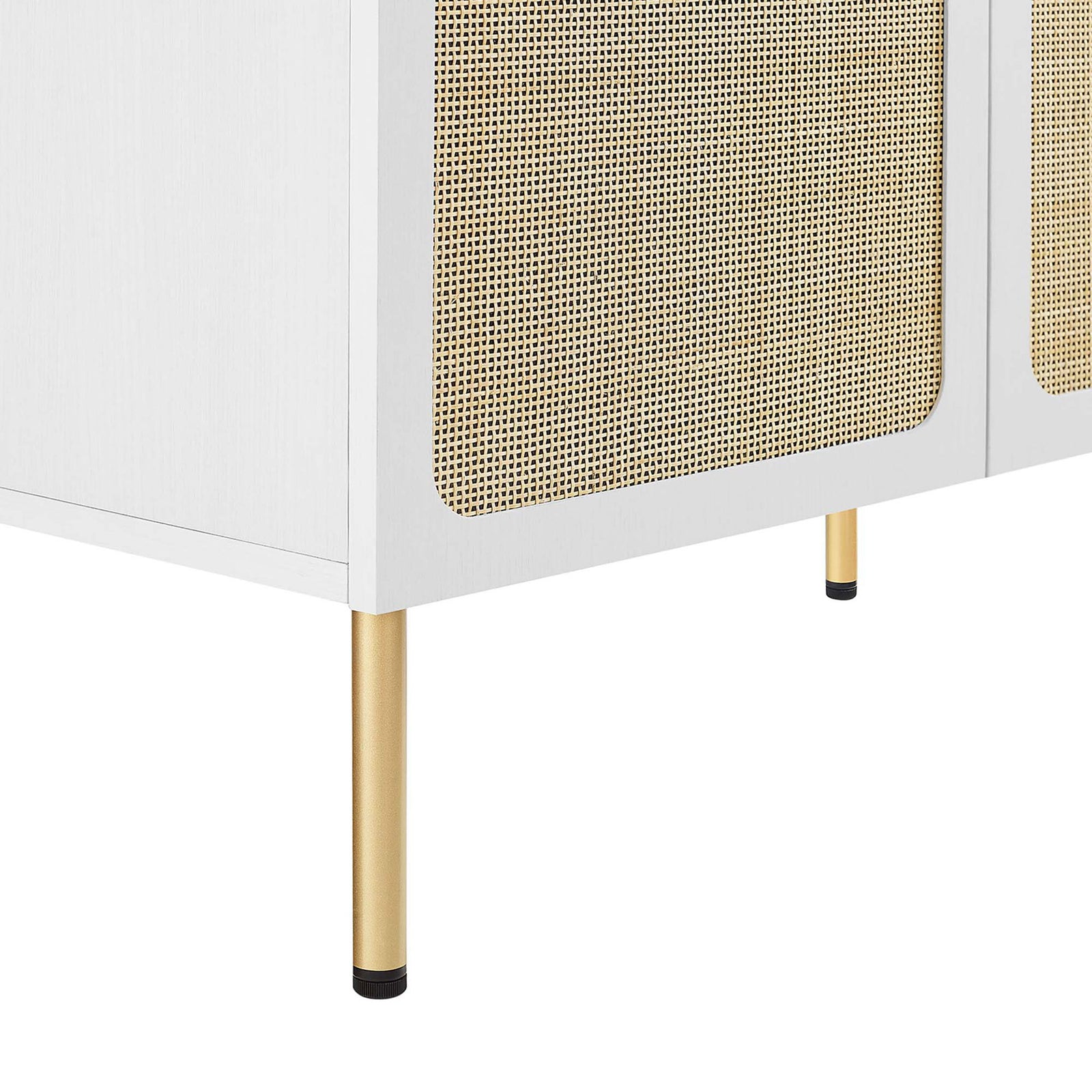 Brass-tone cylinder legs with adjustable feet add airy lift || EEI-6697-WHI-WHI || leg_studio