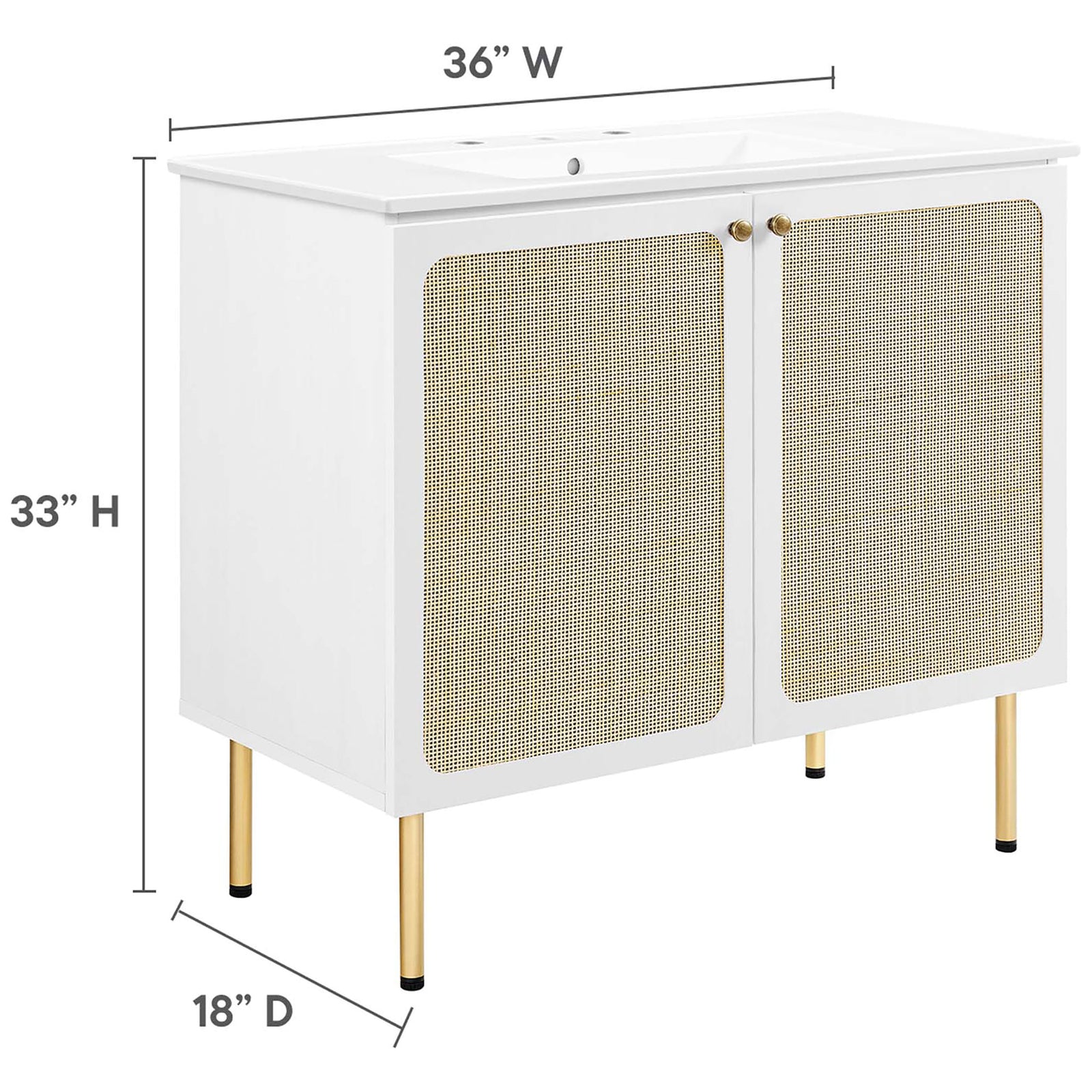 Size diagram notes overall width, depth, and height for cabinet and sink || EEI-6697-WHI-WHI || dimension_studio