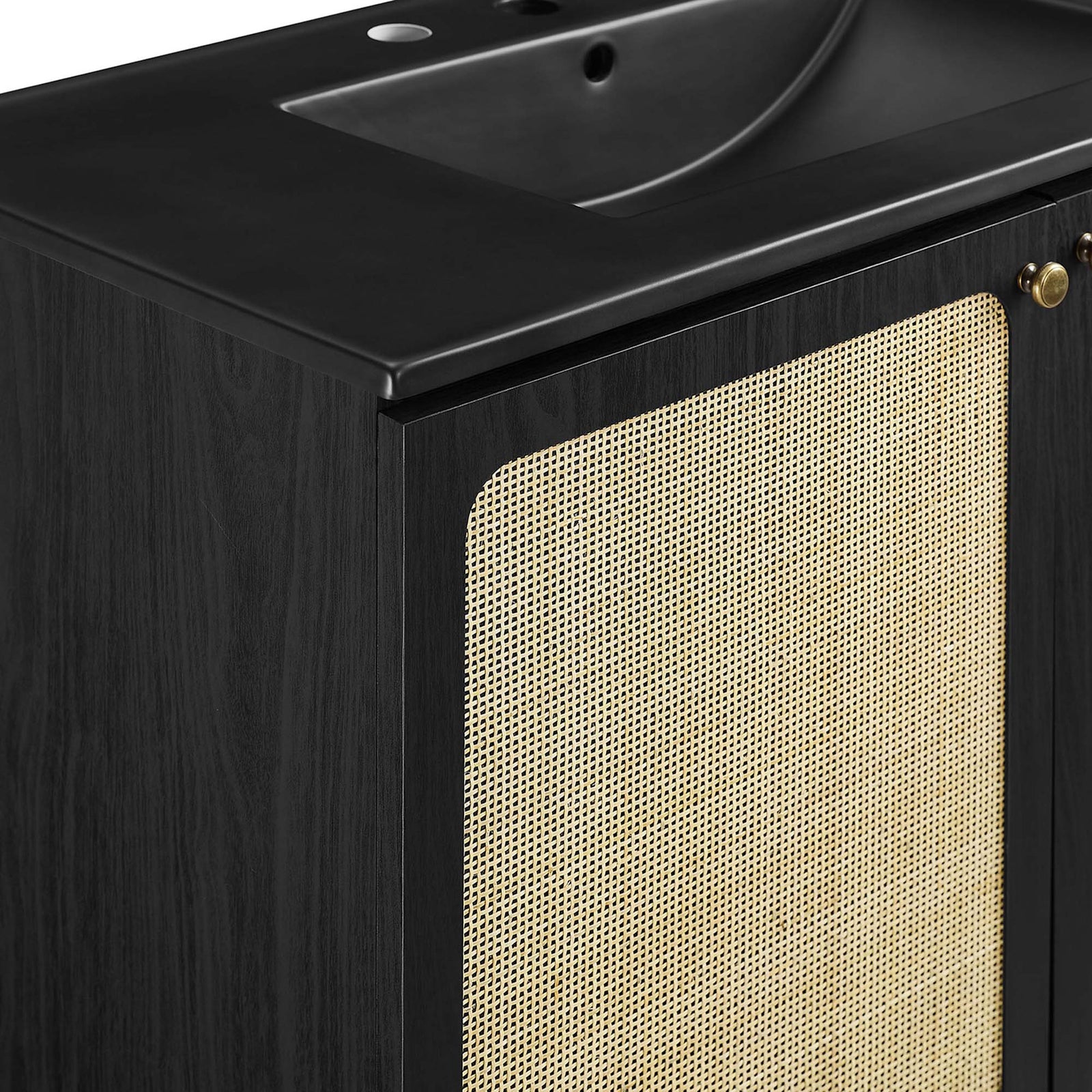 Natural cane texture contrasts with the smooth black sink surface || EEI-6698-BLK-BLK || detail_studio
