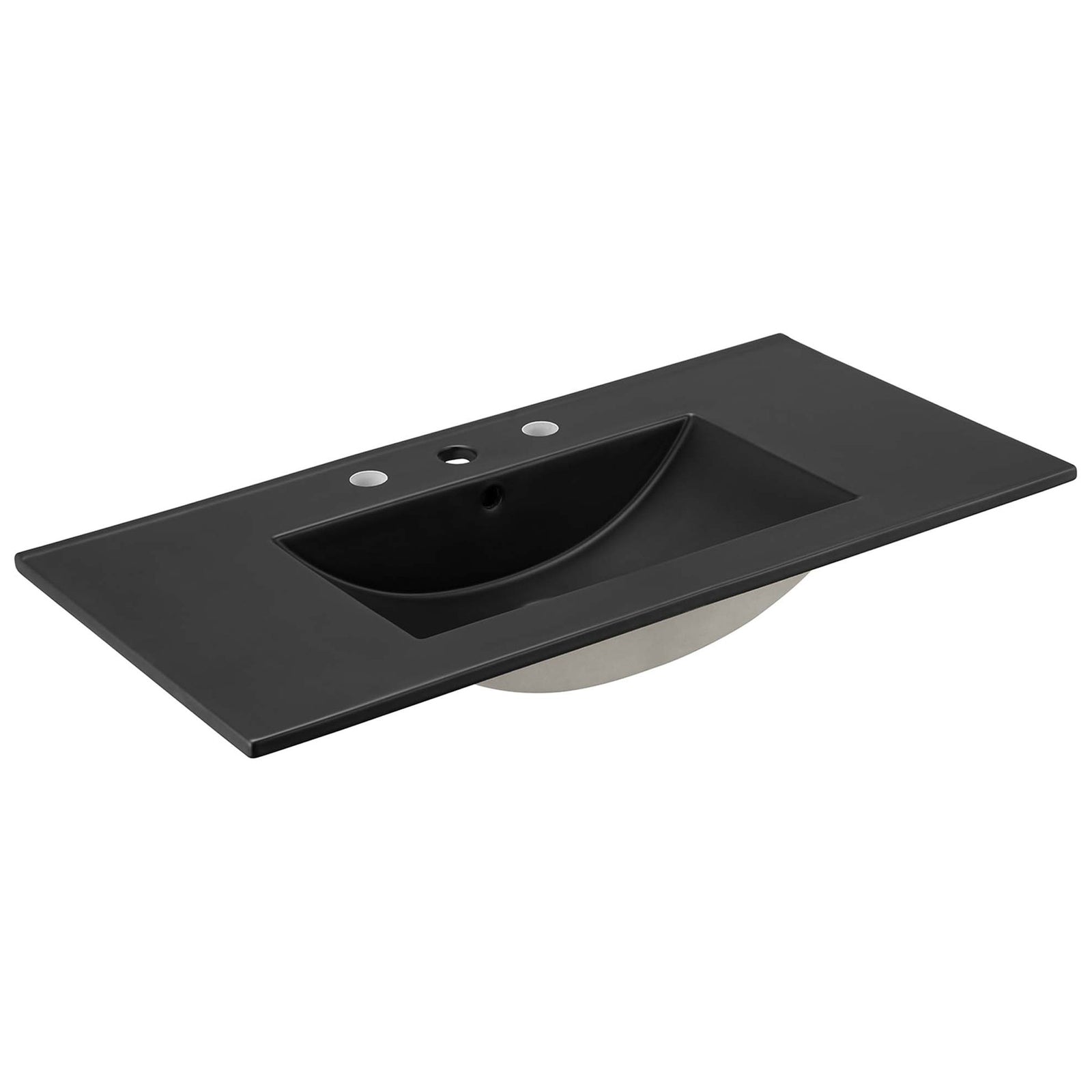 Matte black ceramic sink with defined rim and predrilled faucet holes || EEI-6698-BLK-BLK || front_angle_partial_studio