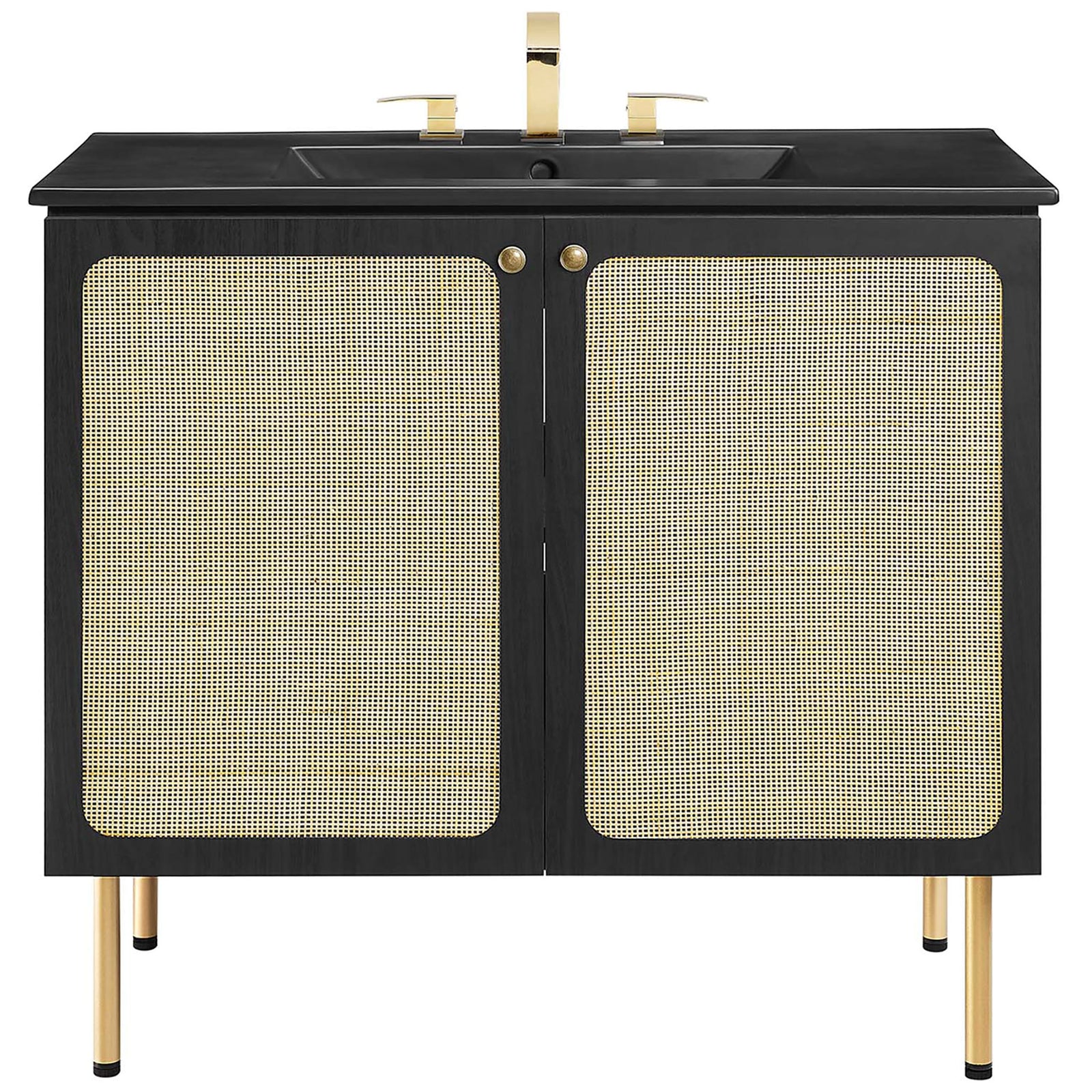 36-inch black vanity with cane doors, brass knobs, and a matching black ceramic sink || EEI-6698-BLK-BLK || front_studio