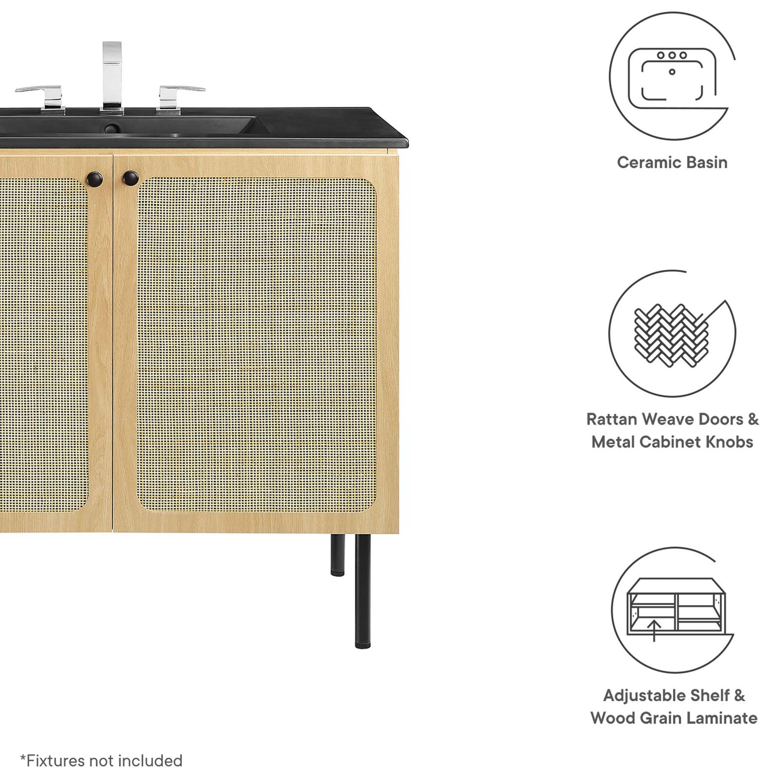 Feature icons spotlight ceramic basin, rattan doors, and adjustable shelf. || EEI-6698-OAK-BLK || callout_studio