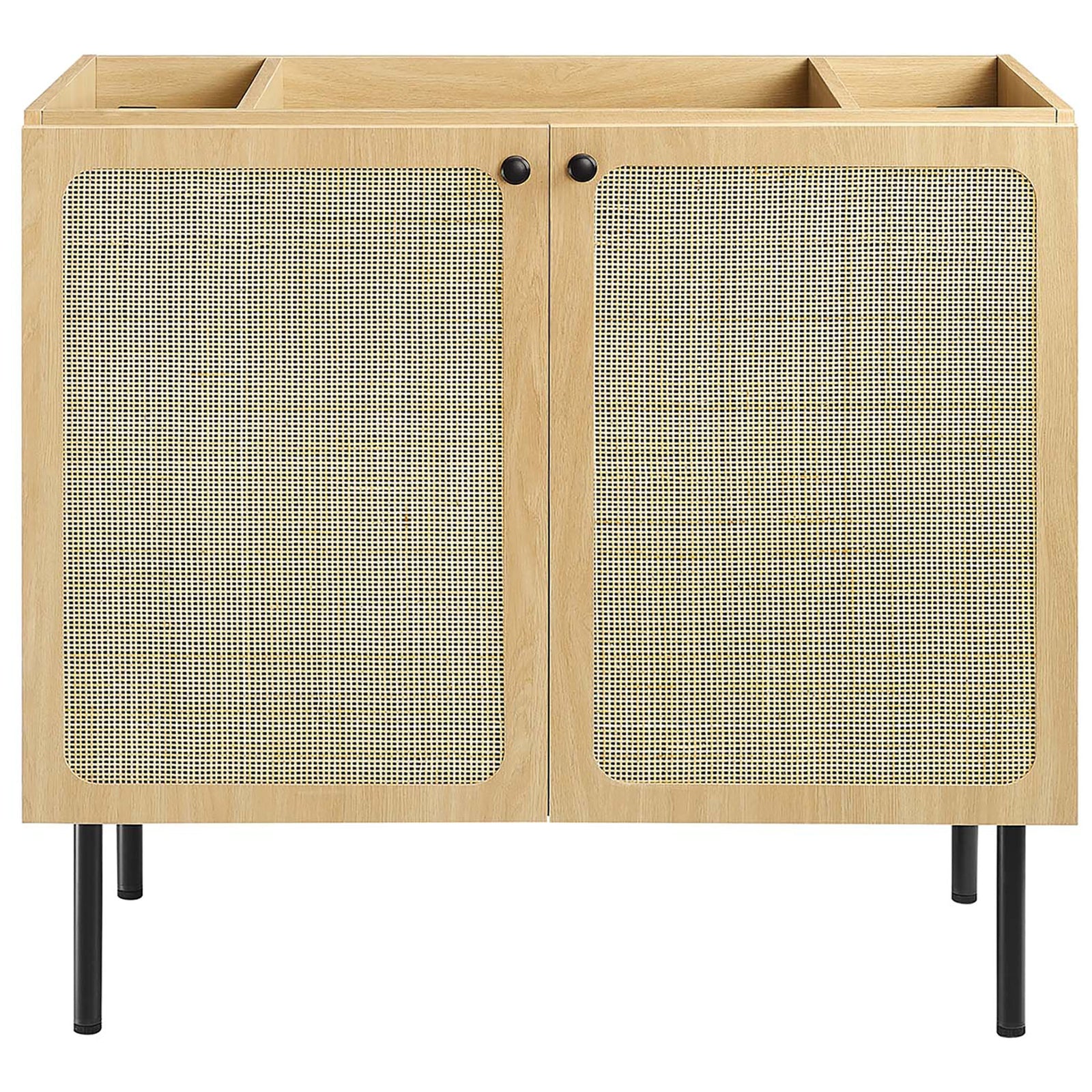 Wide double-door cabinet shows woven rattan texture and black knobs. || EEI-6698-OAK-BLK || front_partial_studio