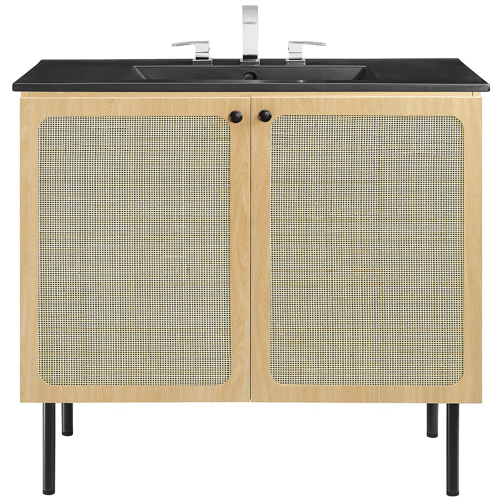 Generous 36-inch vanity blends rattan-front doors with a sleek black ceramic sink. || EEI-6698-OAK-BLK || front_studio
