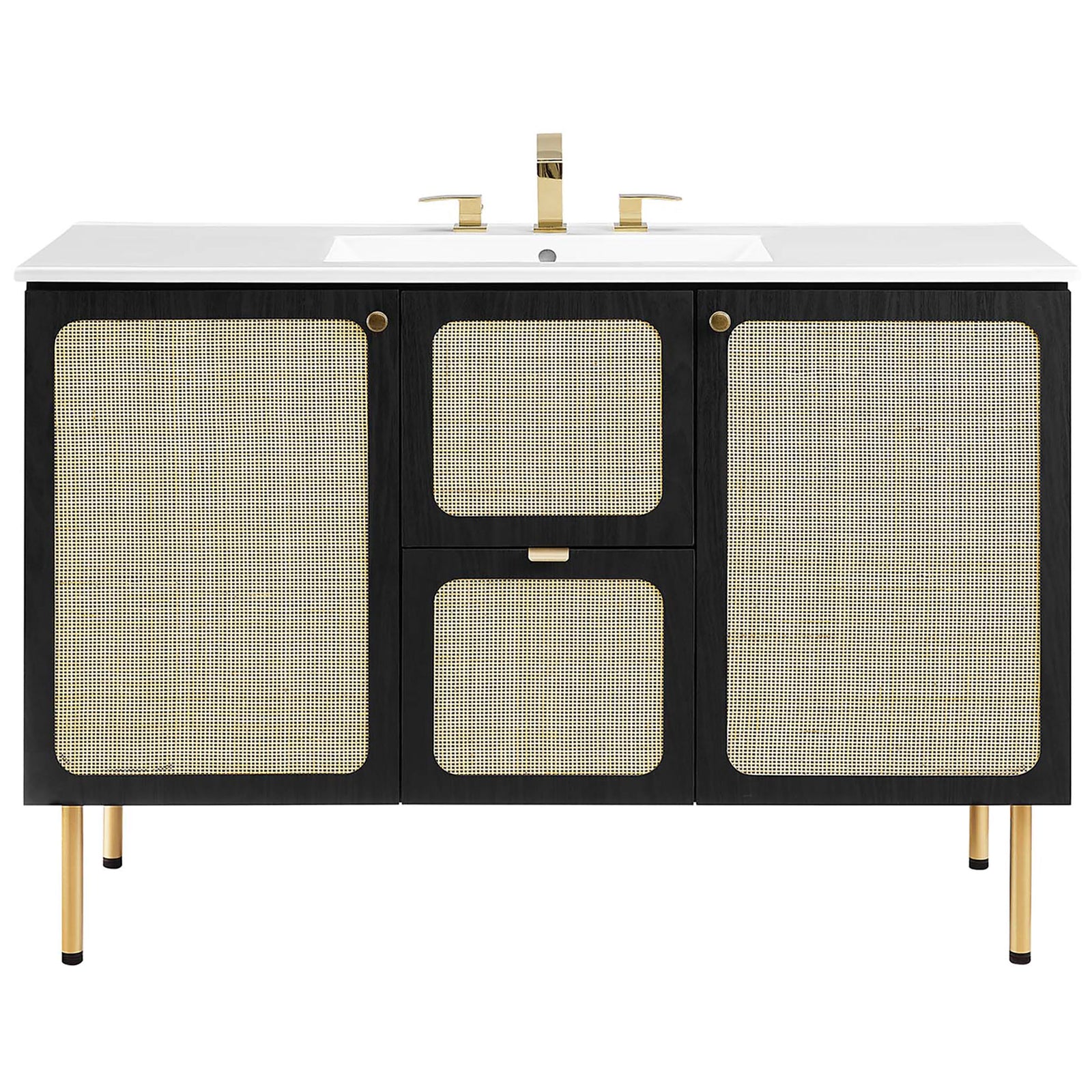 Black wood vanity with rattan doors and a white integrated sink top on slim gold legs || EEI-6699-BLK-WHI || front_studio