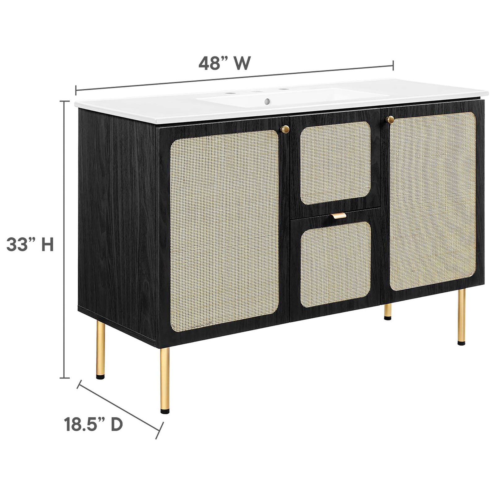 Measures 48 inches wide by 18.5 inches deep by 33 inches high || EEI-6699-BLK-WHI || dimension_studio