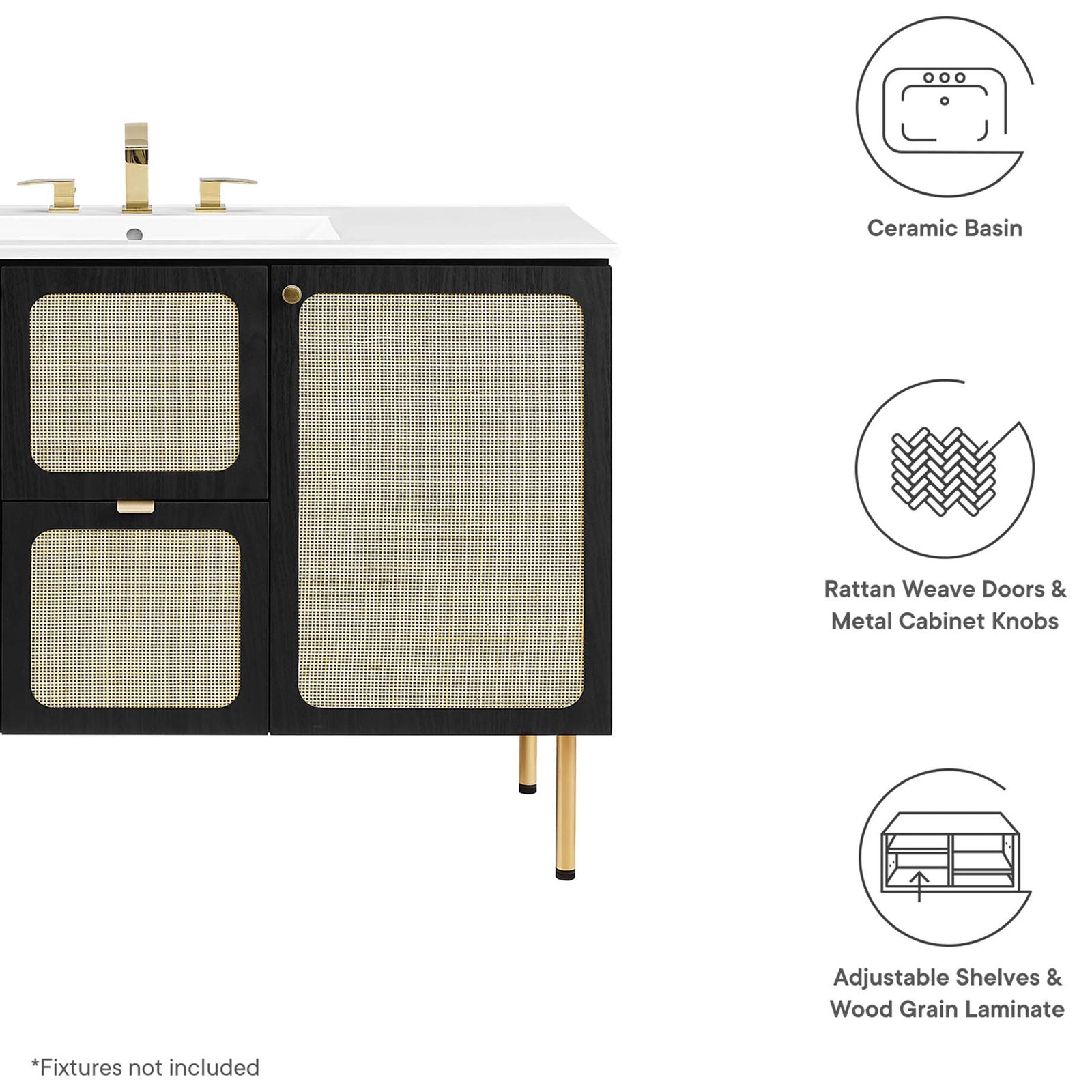 Key features include a ceramic basin, rattan weave doors, and adjustable shelving || EEI-6699-BLK-WHI || callout_studio