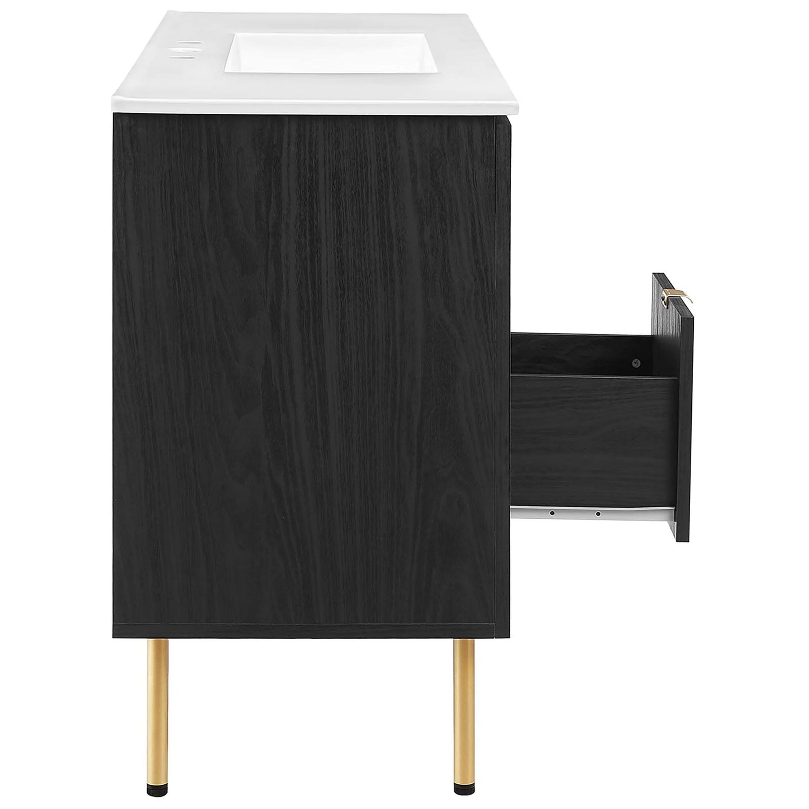 Smooth-glide center drawer opens for easy access to bath essentials || EEI-6699-BLK-WHI || side_open_studio