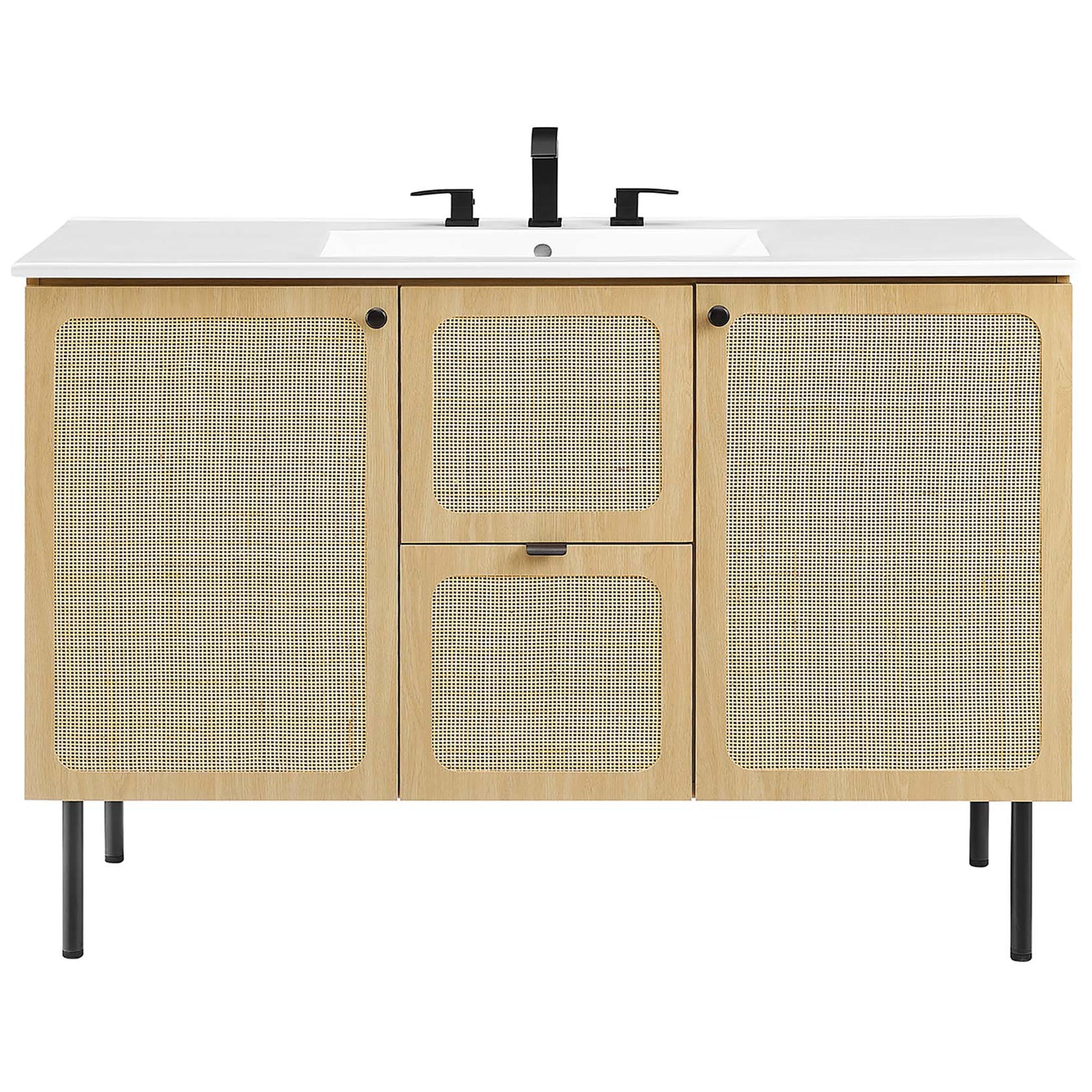 Clean-lined vanity with rattan doors, white sink top, and black hardware for modern contrast. || EEI-6699-OAK-WHI || front_studio
