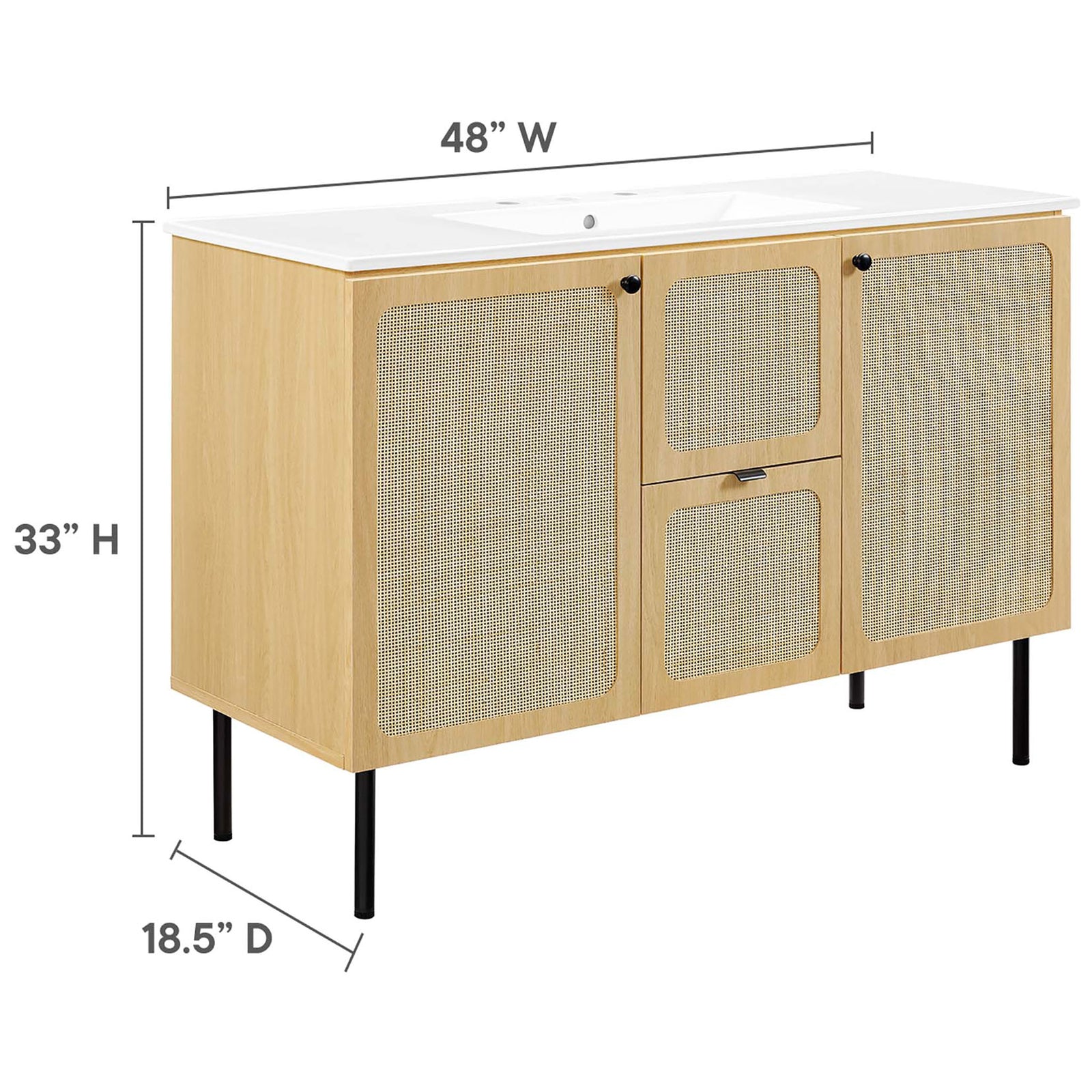 Sized at 48 in. W x 33.5 in. H x 18.5 in. D for space-savvy bathrooms. || EEI-6699-OAK-WHI || dimension_studio
