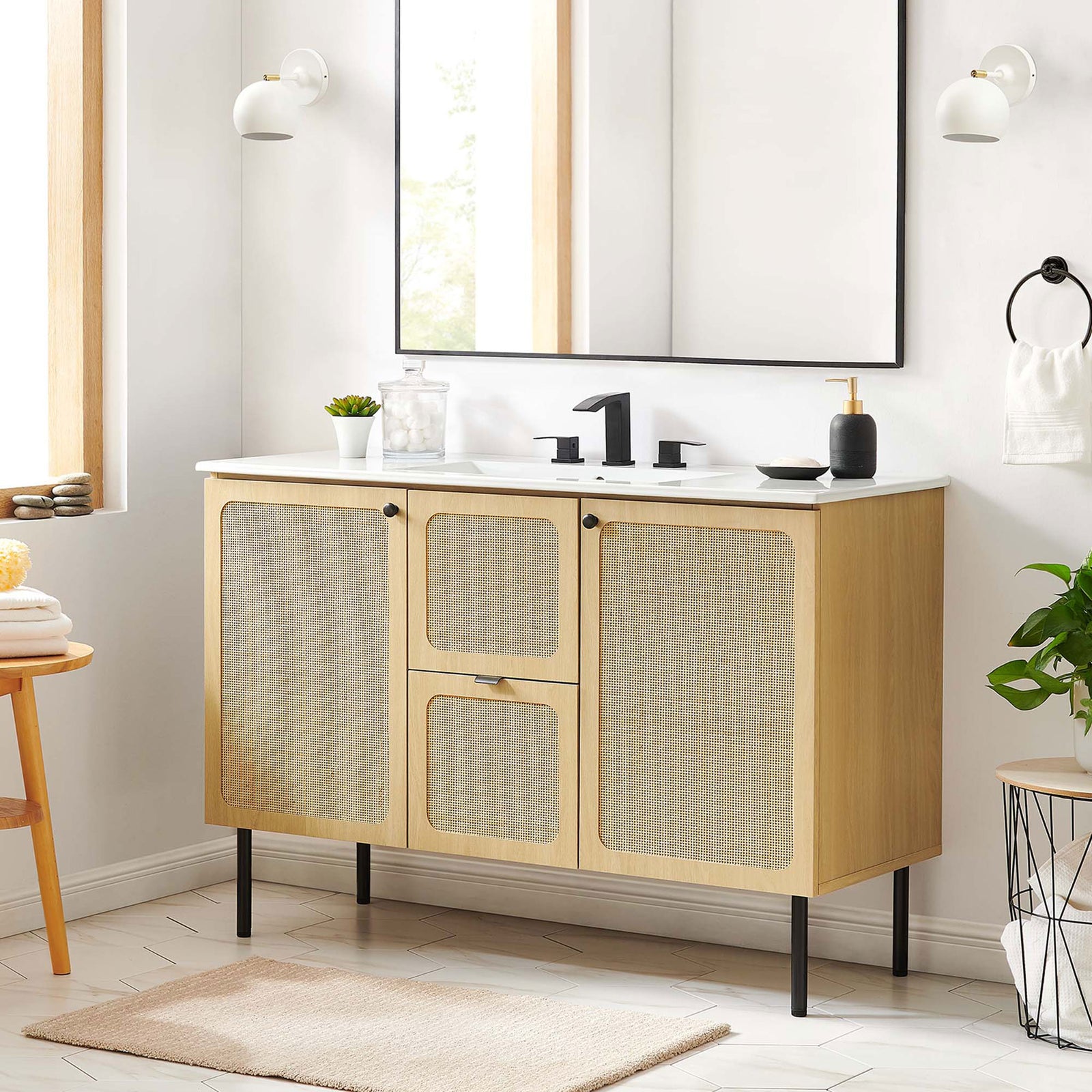 Chic oak-and-white vanity brings warmth and modern flair to the bath. || EEI-6699-OAK-WHI || front_room