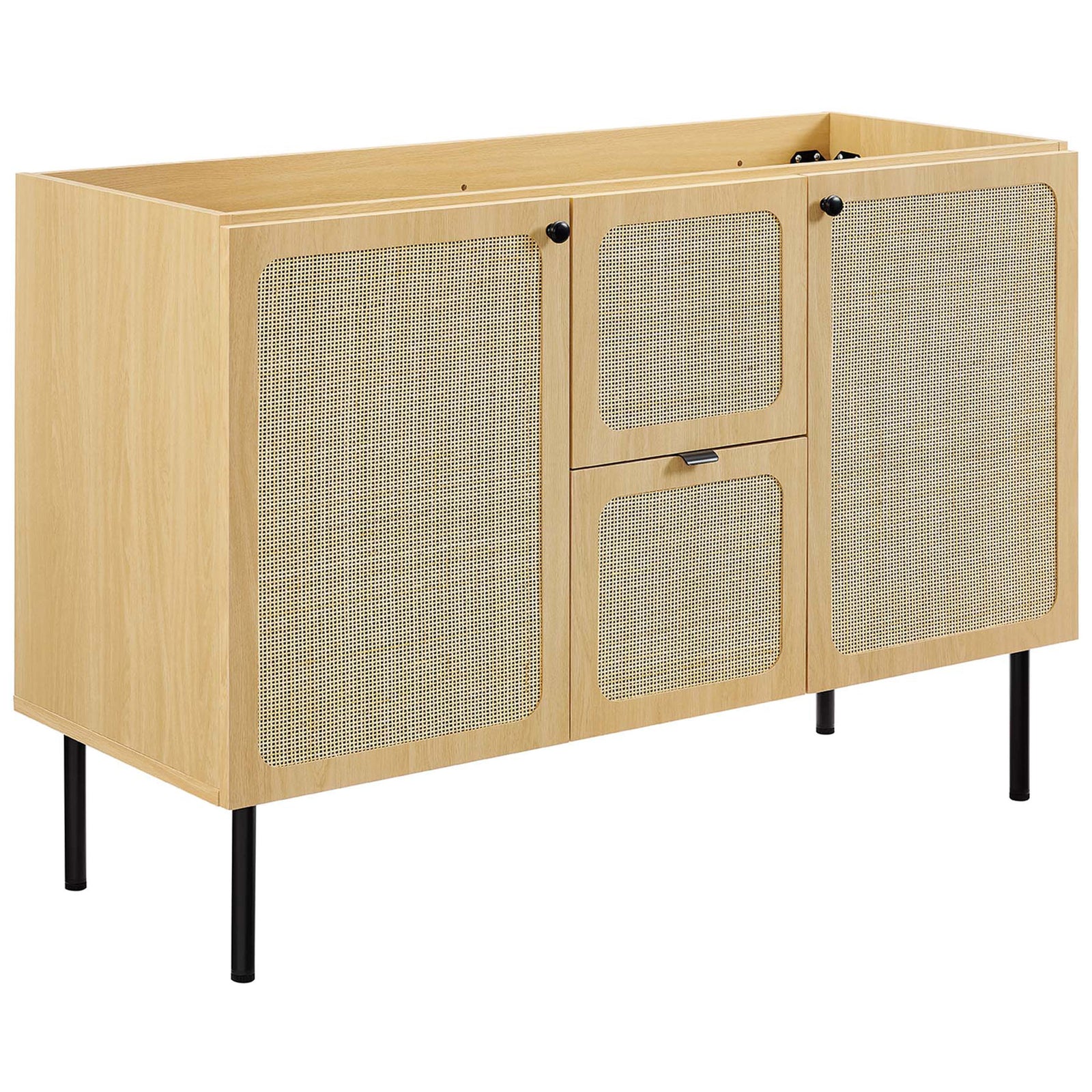 Rattan weave doors and center drawer in a warm oak cabinet on slim black legs. || EEI-6699-OAK-WHI || front_angle_partial_studio
