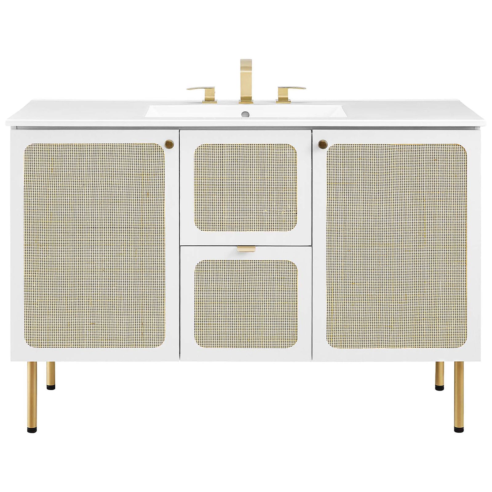 Polished vanity with rattan doors, gold accents, and a spacious ceramic sink || EEI-6699-WHI-WHI || front_studio