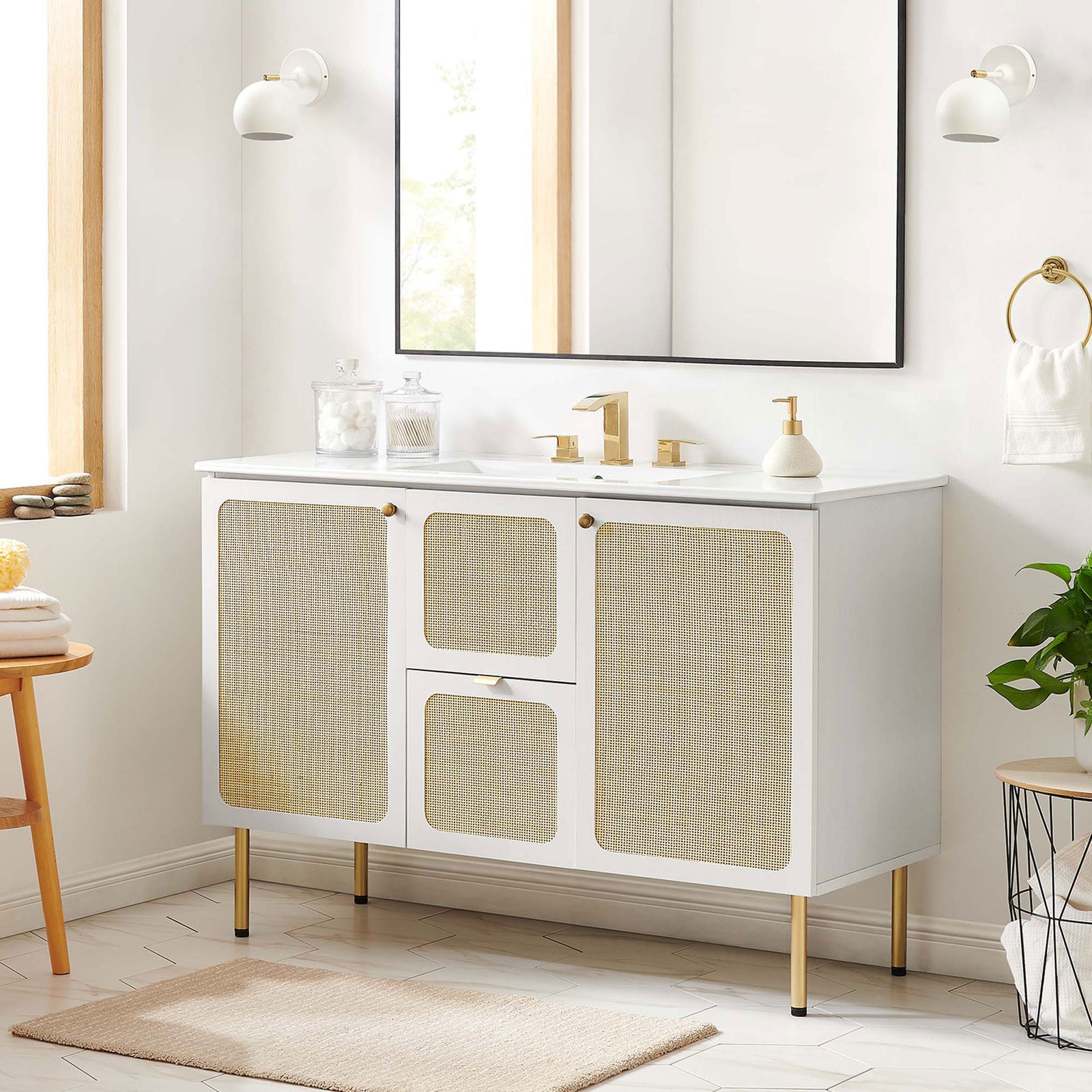 Bright coastal look with rattan fronts, gold accents, and a crisp white ceramic sink top || EEI-6699-WHI-WHI || front_angle_room