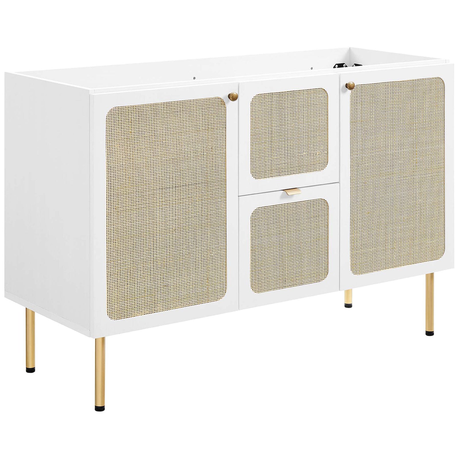 Vanity base with rattan weave doors, finger-pull drawer, and gold hardware || EEI-6699-WHI-WHI || front_angle_partial_studio