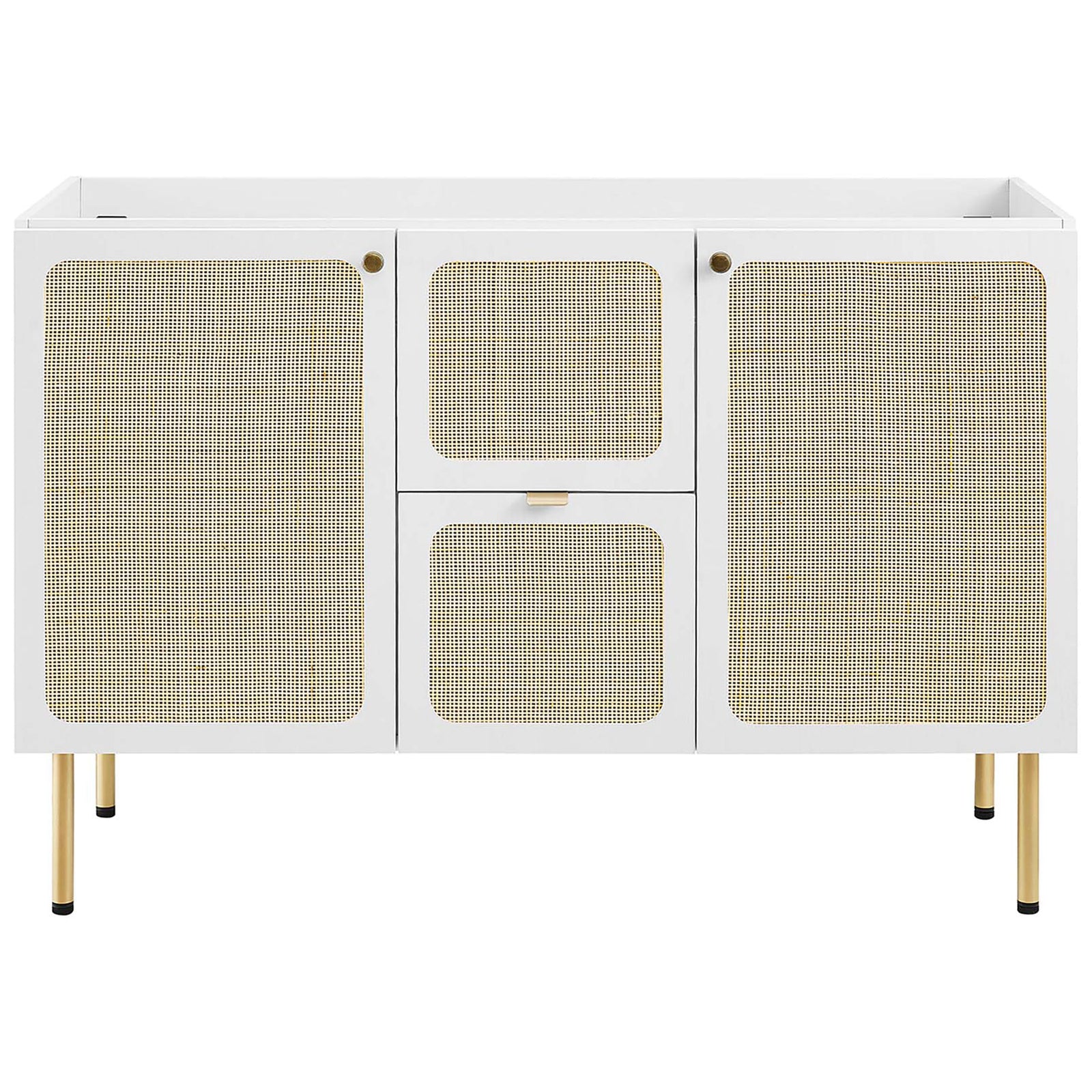 Rattan doors and a centered drawer define this versatile vanity base || EEI-6699-WHI-WHI || front_partial_studio