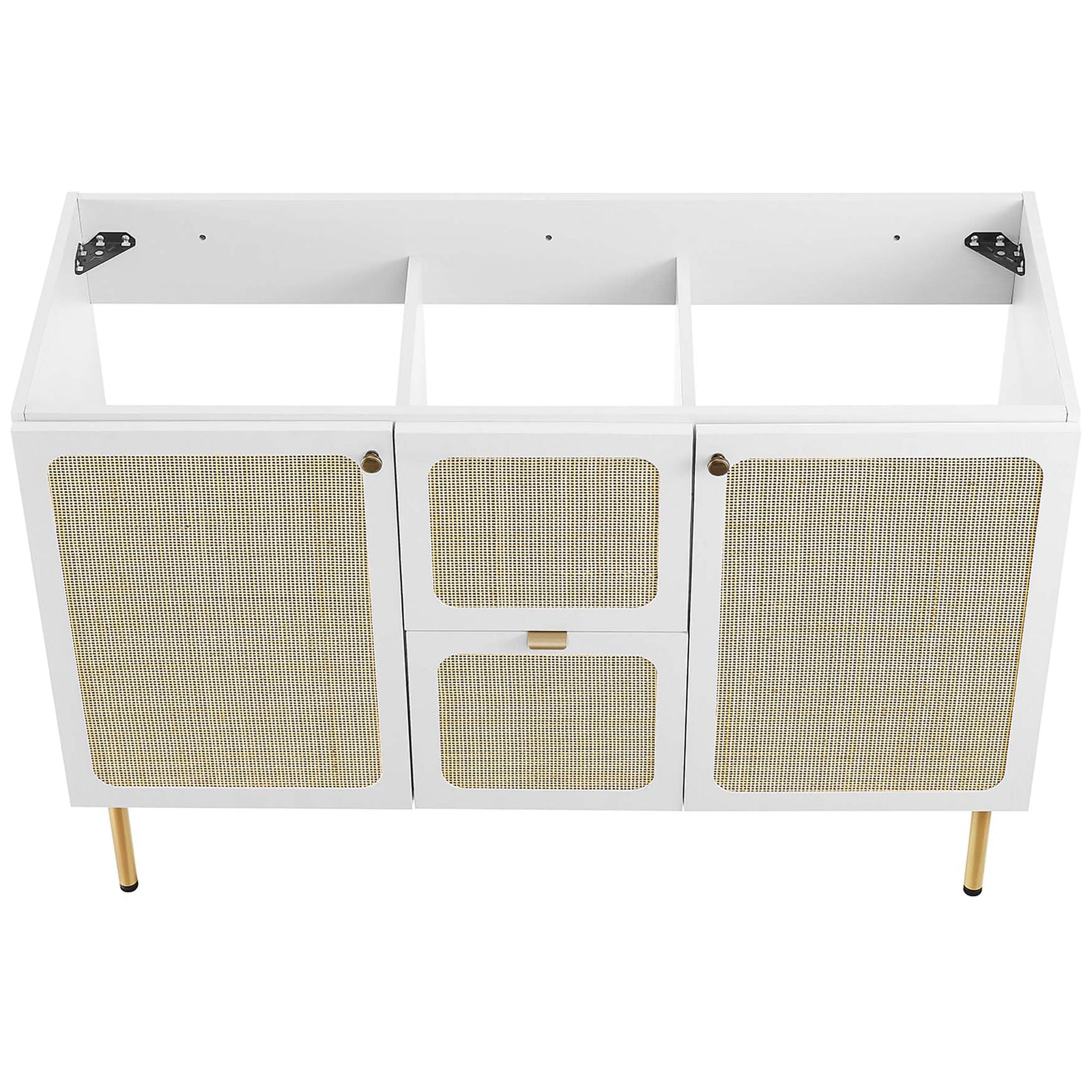 Open cabinet frame ready for seamless sink installation || EEI-6699-WHI-WHI || top_angle_partial_studio