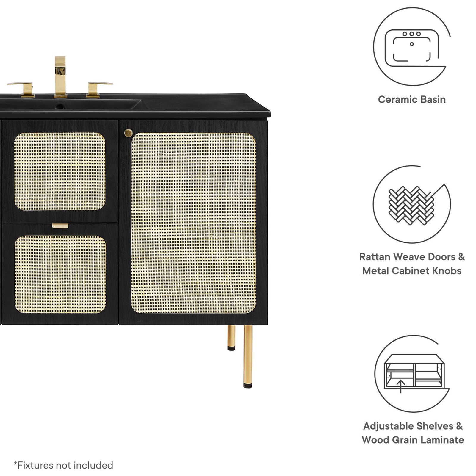 Key features: ceramic basin, rattan weave doors with metal knobs, adjustable shelves. || EEI-6700-BLK-BLK || callout_studio