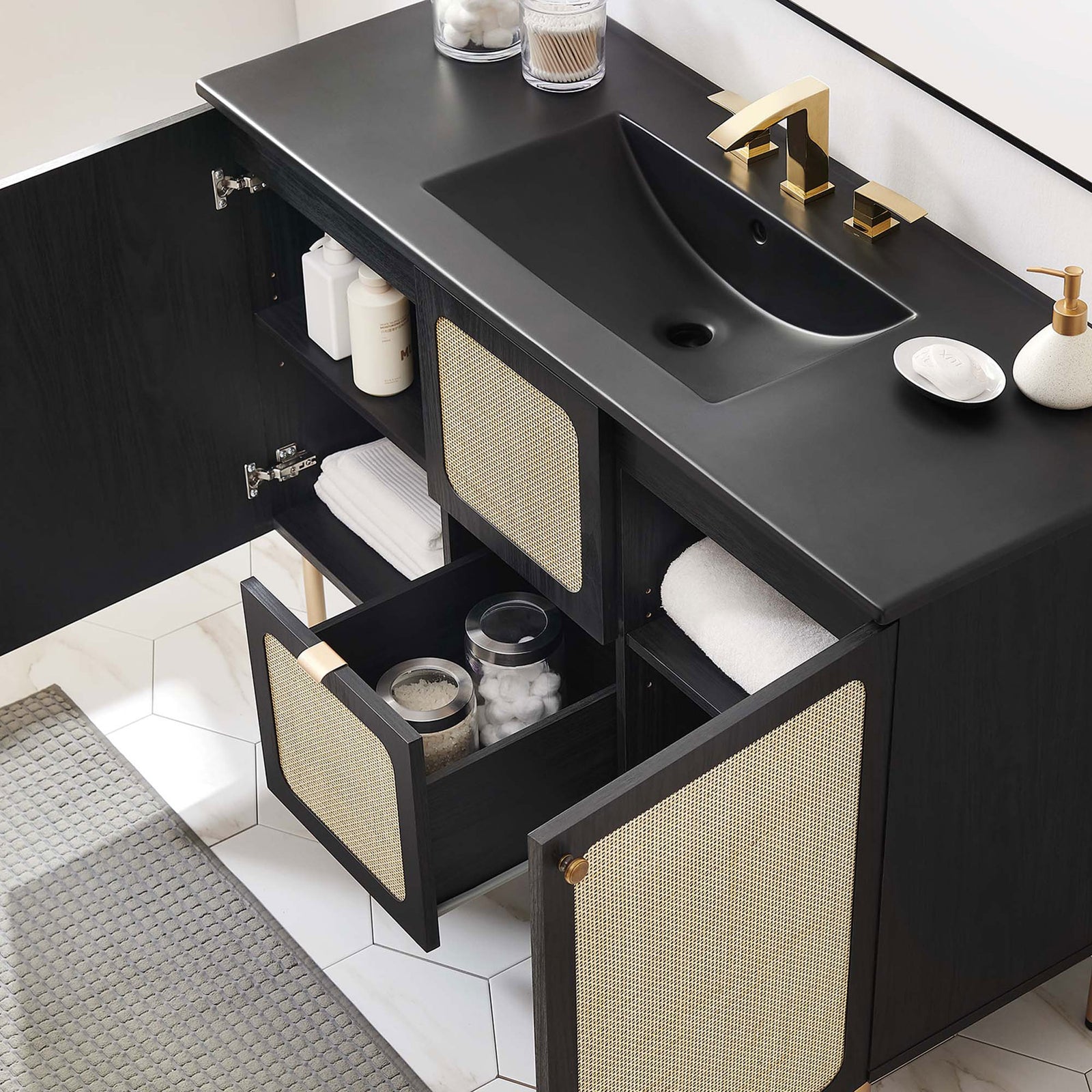 Functional interior with open doors and drawer reveals organized storage options. || EEI-6700-BLK-BLK || front_angle_open_room