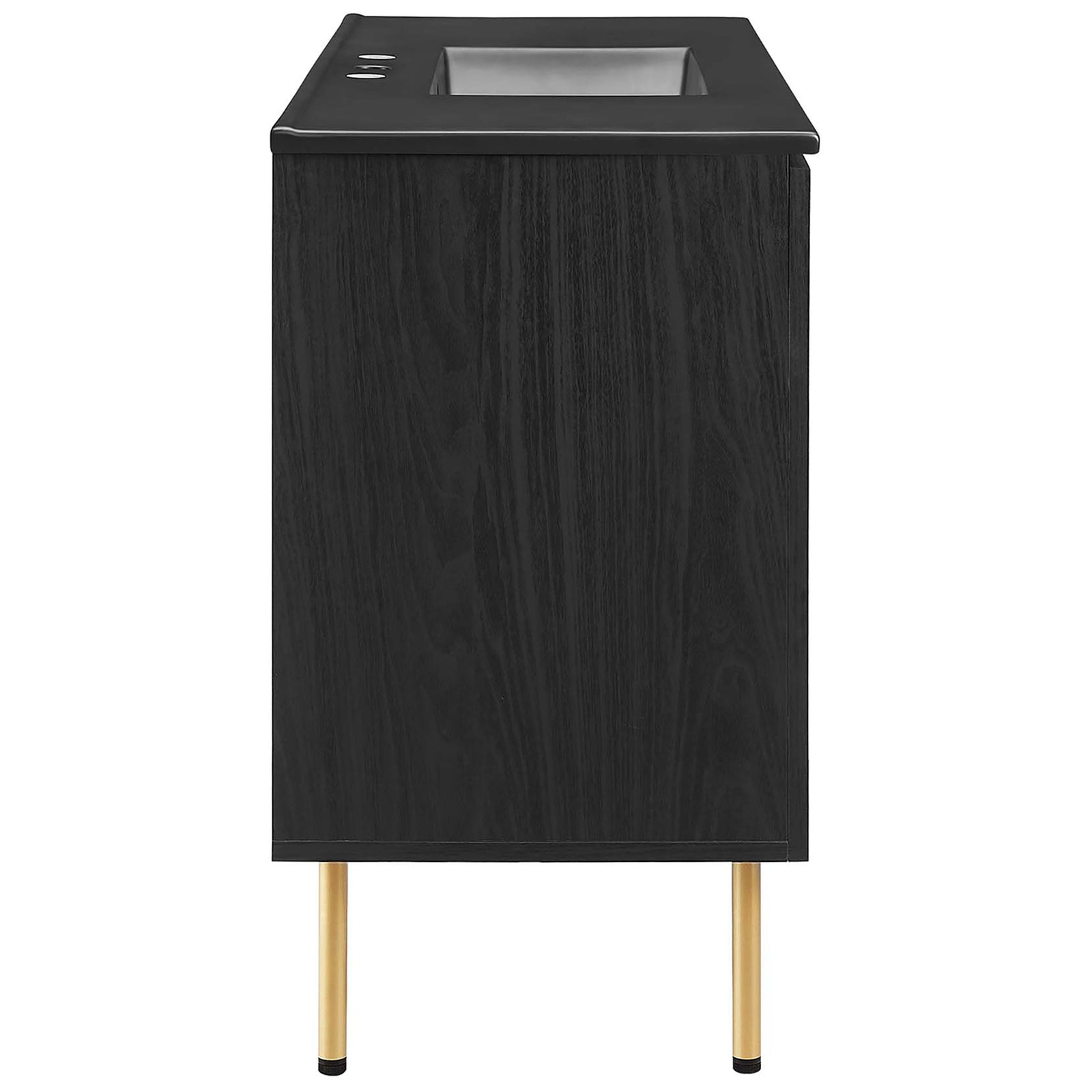 Sleek black vanity showcasing wood grain texture, cane-style fronts, and slender gold legs. || EEI-6700-BLK-BLK || side_studio