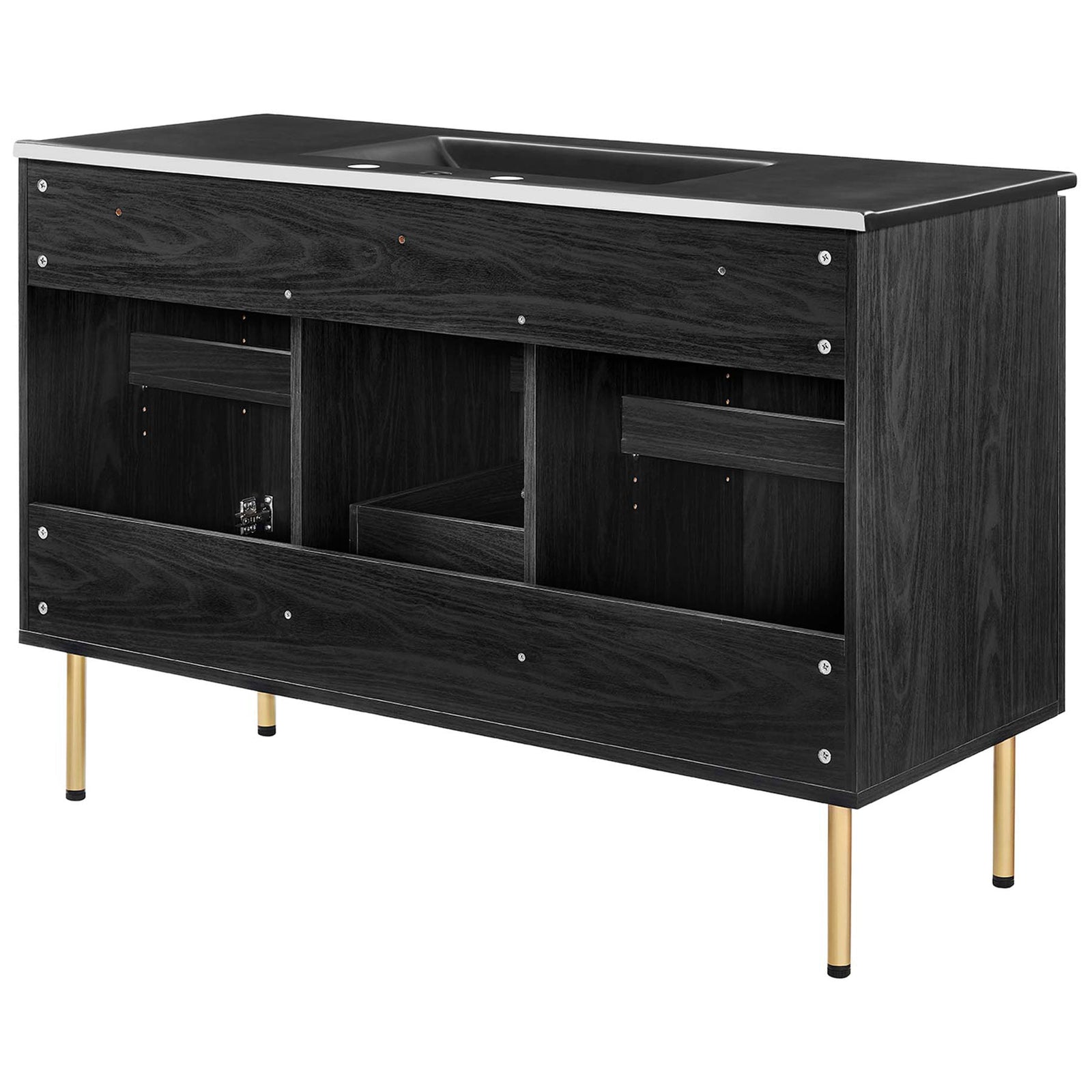 Finished back with access openings for plumbing on a sturdy, wood-grain vanity frame. || EEI-6700-BLK-BLK || back_angle_studio