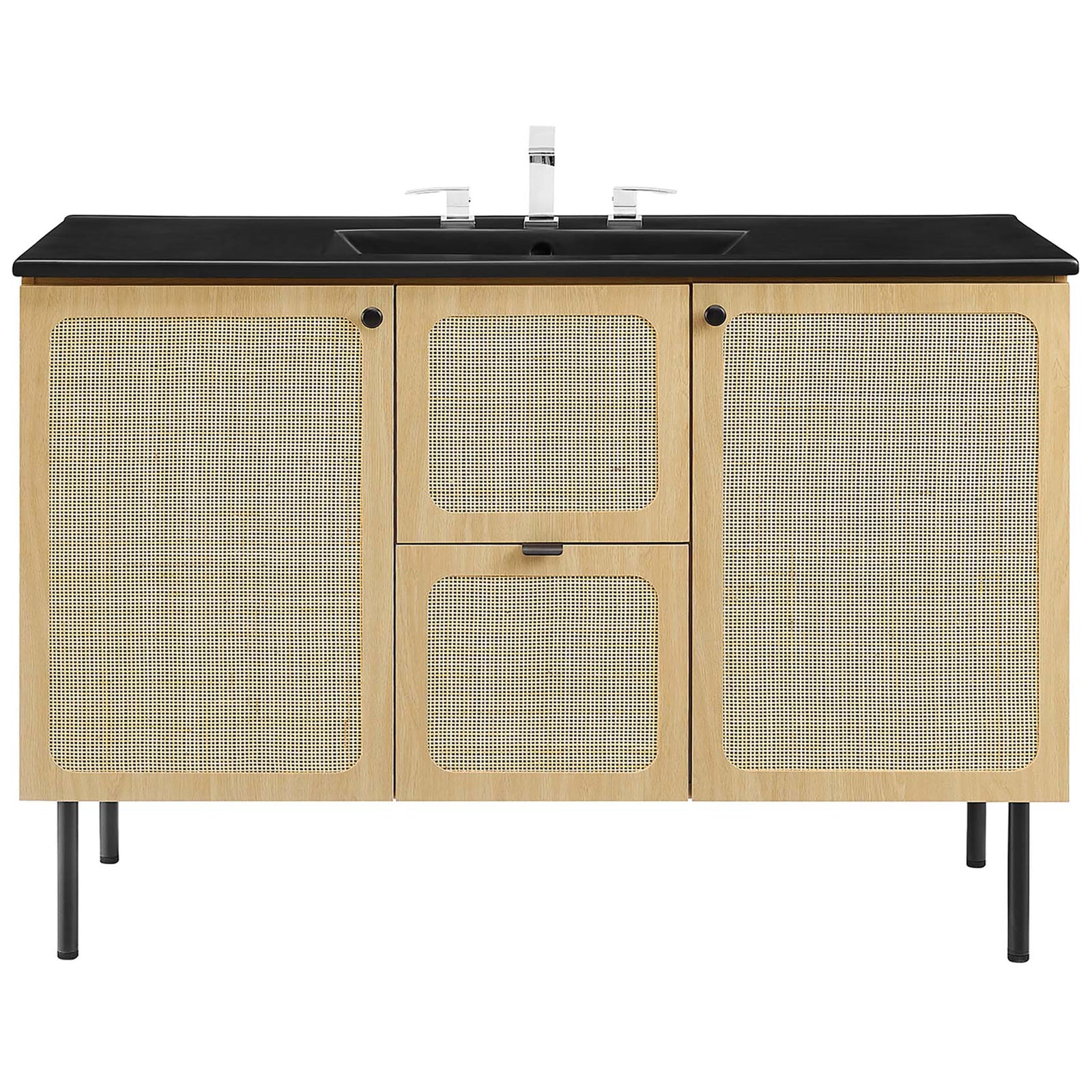 Cane-front oak vanity with integrated basin and generous counter space for a polished, modern look || EEI-6700-OAK-BLK || front_studio