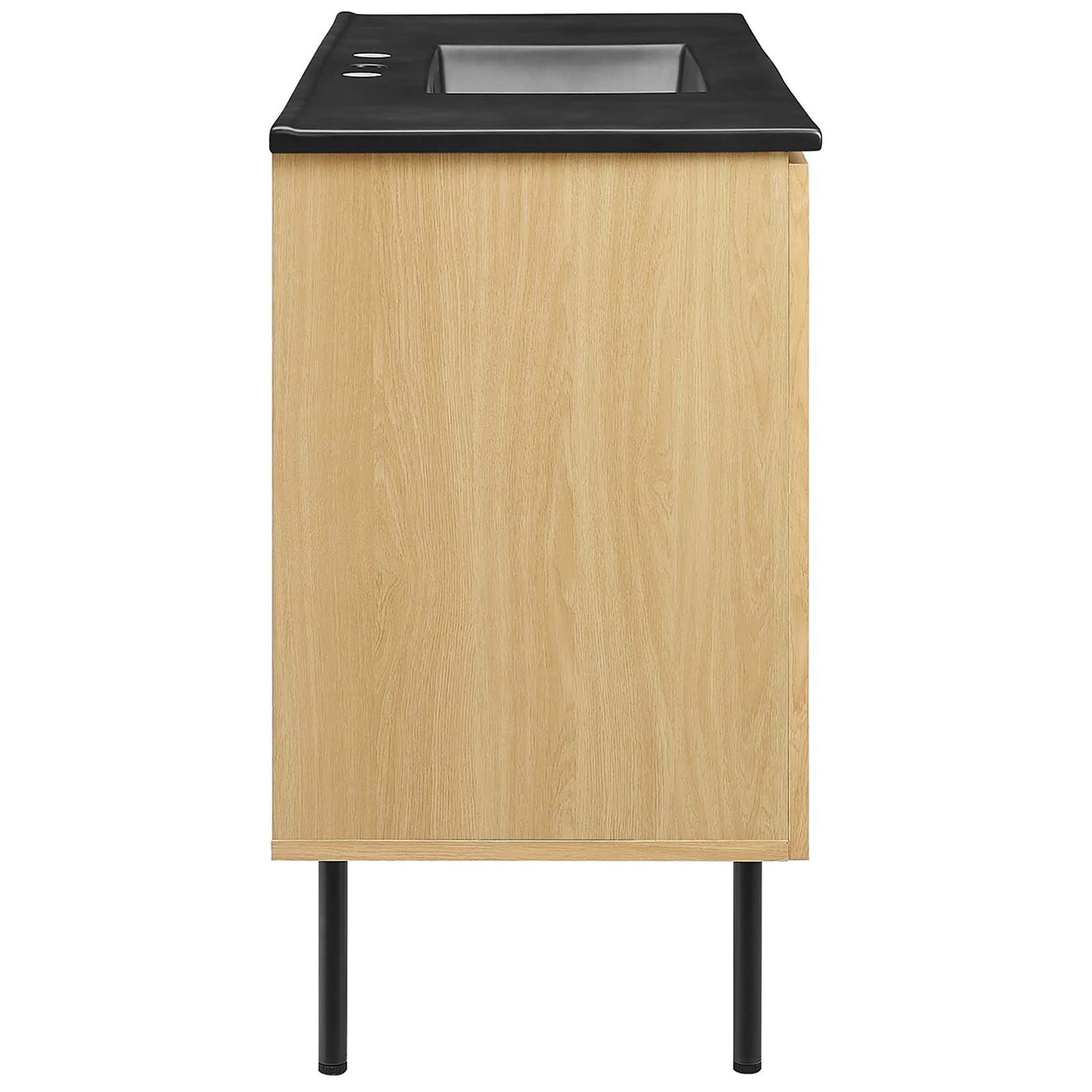 Streamlined silhouette with wood grain sides and matte black sink top on slim metal legs || EEI-6700-OAK-BLK || side_studio