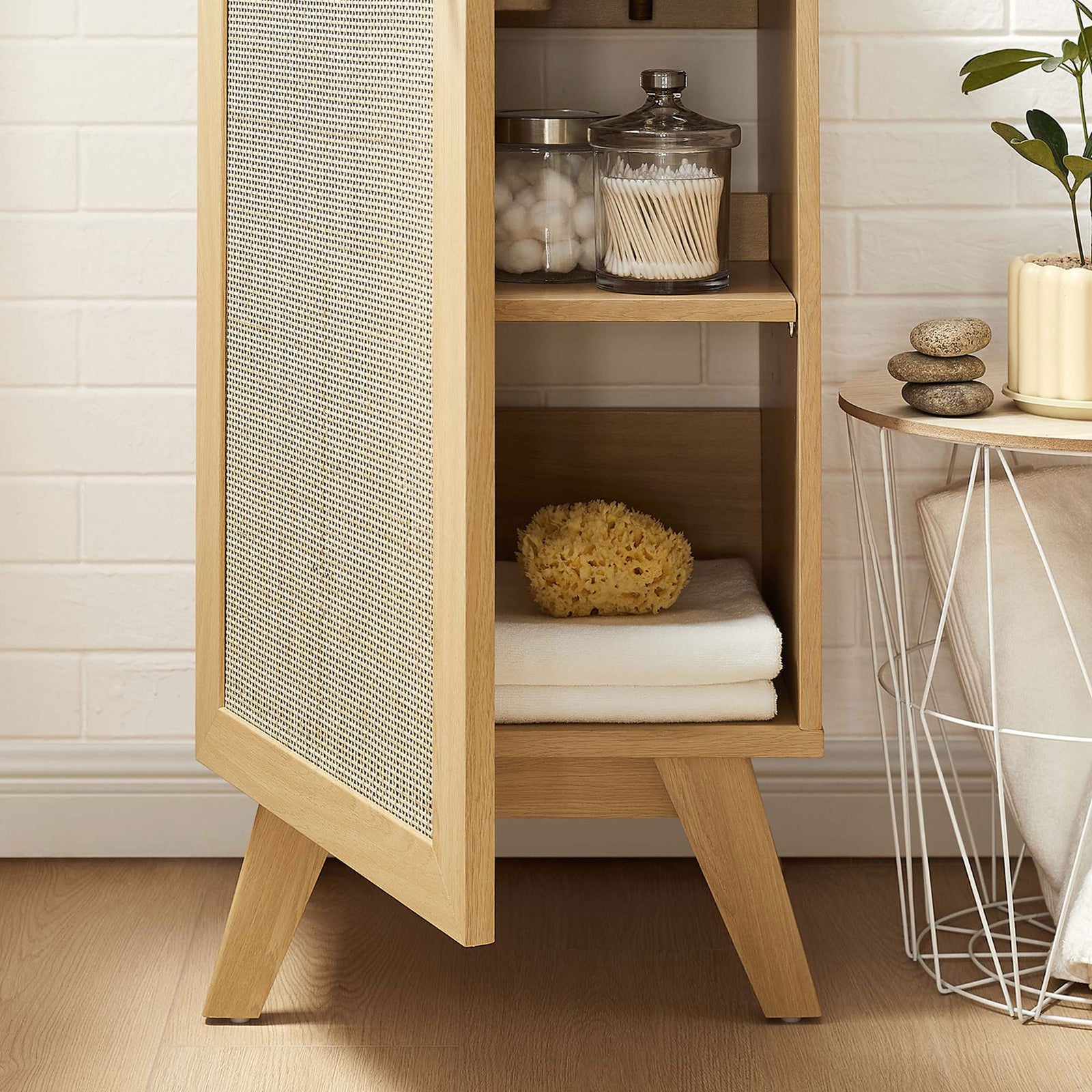 Open door reveals adjustable shelf for towels and bath essentials || EEI-6711-OAK-WHI || storage_open_room