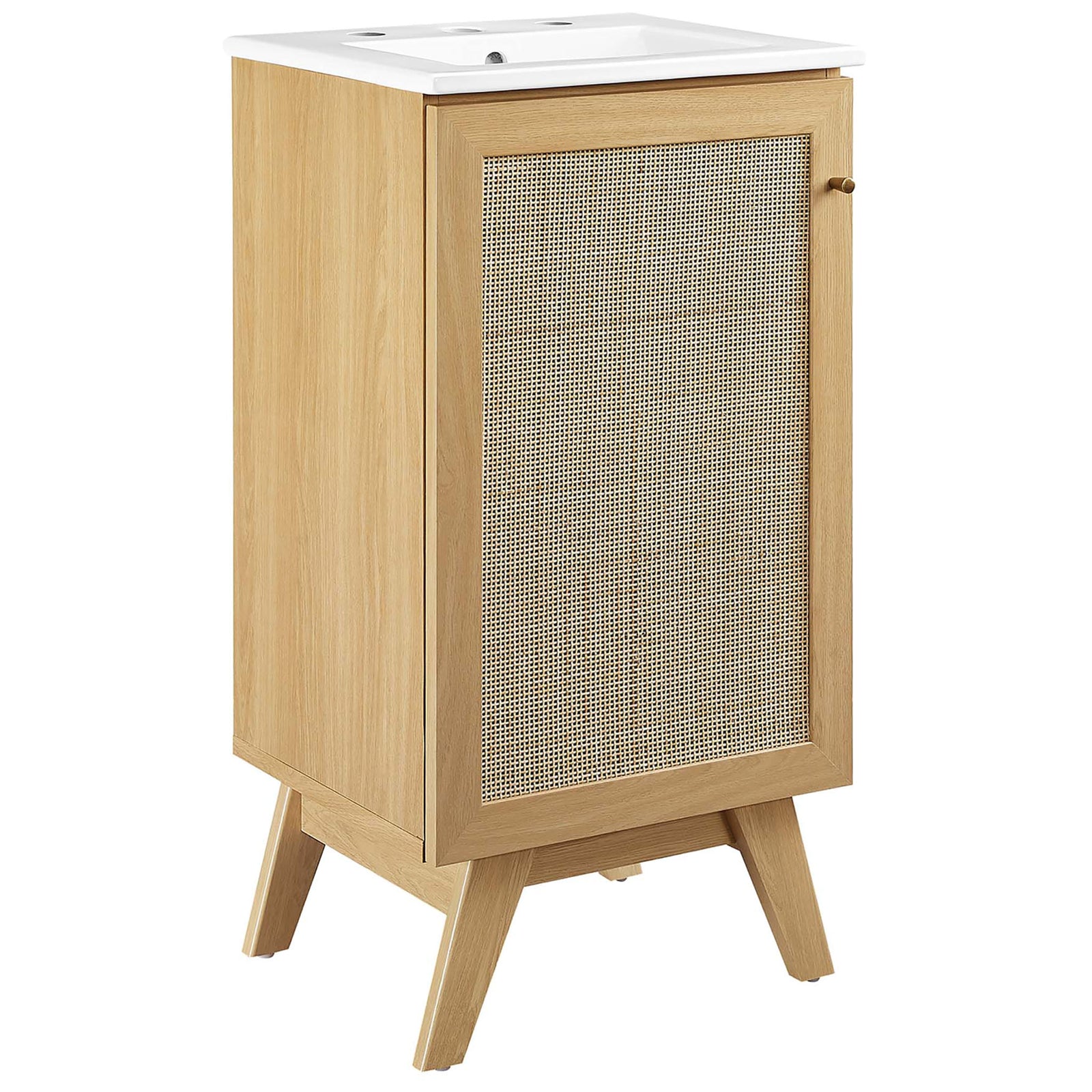 Oak vanity with rattan door, ceramic sink, and mid-century splayed legs || EEI-6711-OAK-WHI || front_angle_studio
