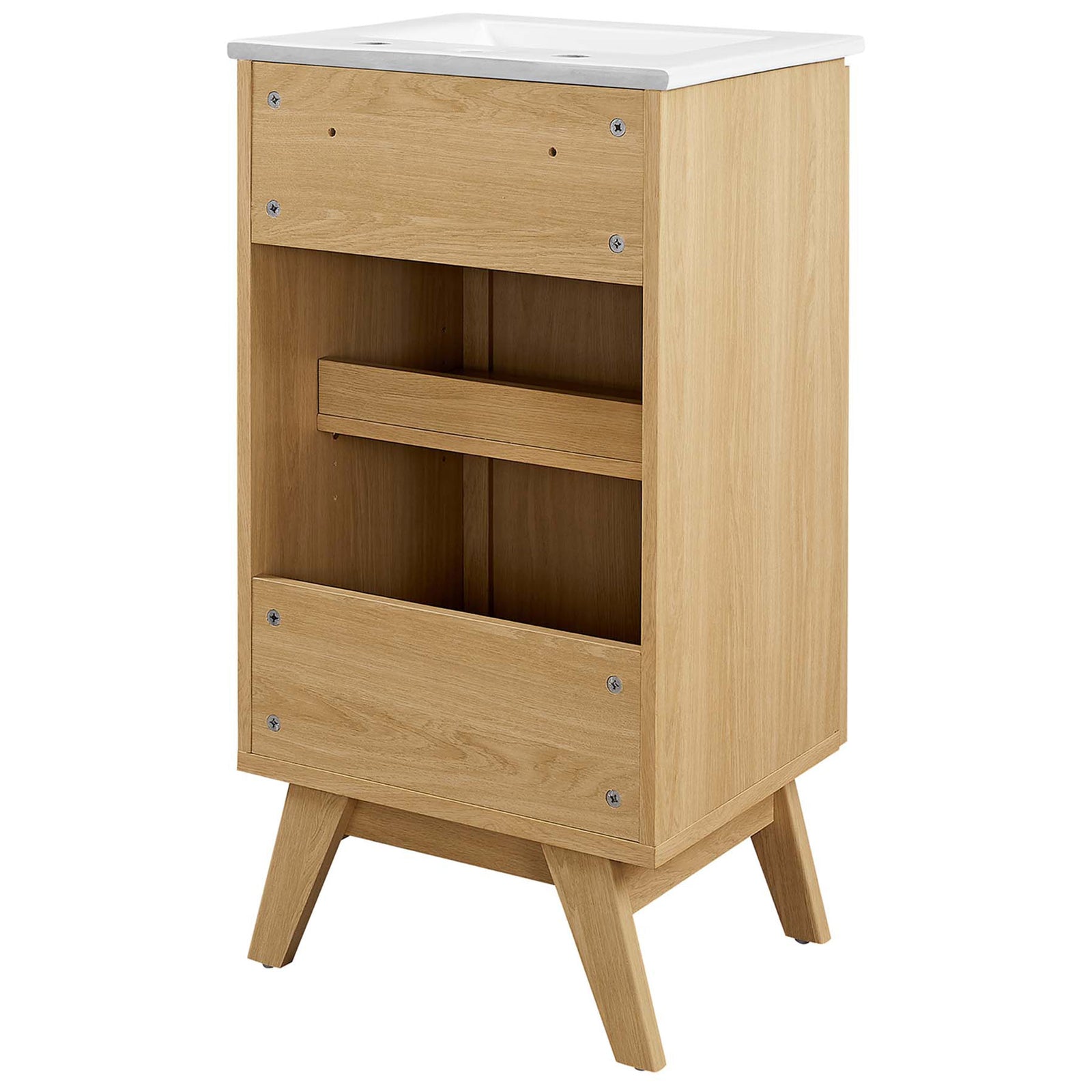 Rear access design with open back panel for plumbing and sturdy frame || EEI-6711-OAK-WHI || back_angle_studio